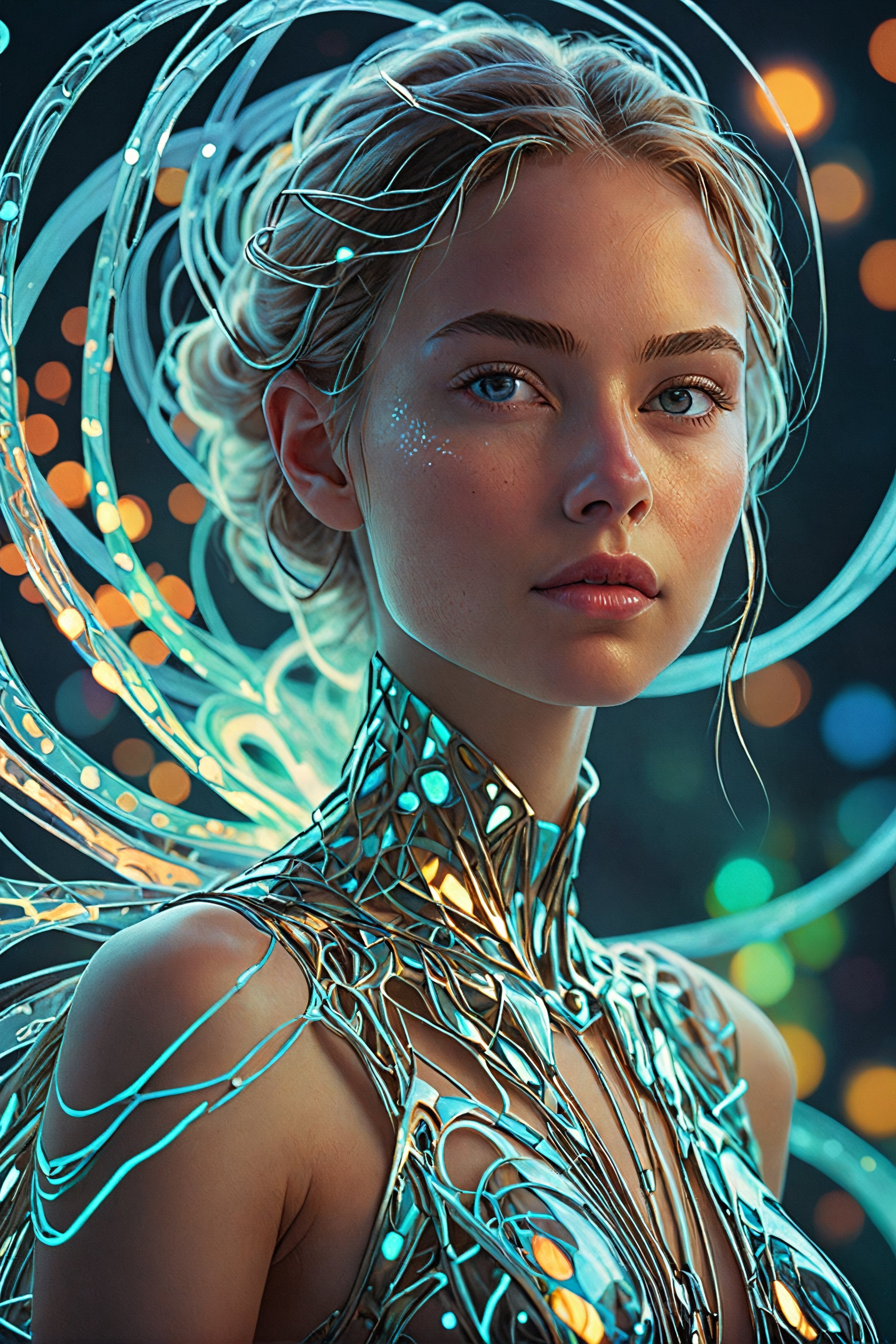 Highly detailed illustration of a young female with asymmetrical, harmonious features that strike a perfect balance between strength and delicacy, ((seamless interaction with the elements)), ((strong environmental light), (futuristic dreamscape), (cybernetic realms), celestial glow emanating softly, physical and ethereal form, sinuous elegance, kaleidoscopic hues of possibility, portray a realm where the enigmatic convergence of serenity and chaos unfolds, floats gracefully, exuding an otherworldly aura mystical glow, radiating a gentle and comforting light, bioluminescent glowing, playful body manipulations, divine proportion, non-douche smile, gaze into the camera, holographic shimmer, whimsical lighting, enchanted ambiance, soft textures, imaginative artwork, ethereal glow, silent Luminescence, whispering Silent, iridescent Encounter, vibrant background, by Skyrn99, full body, (((rule of thirds))), high quality, high detail, high resolution, (bokeh:2), backlight, long exposure:2
