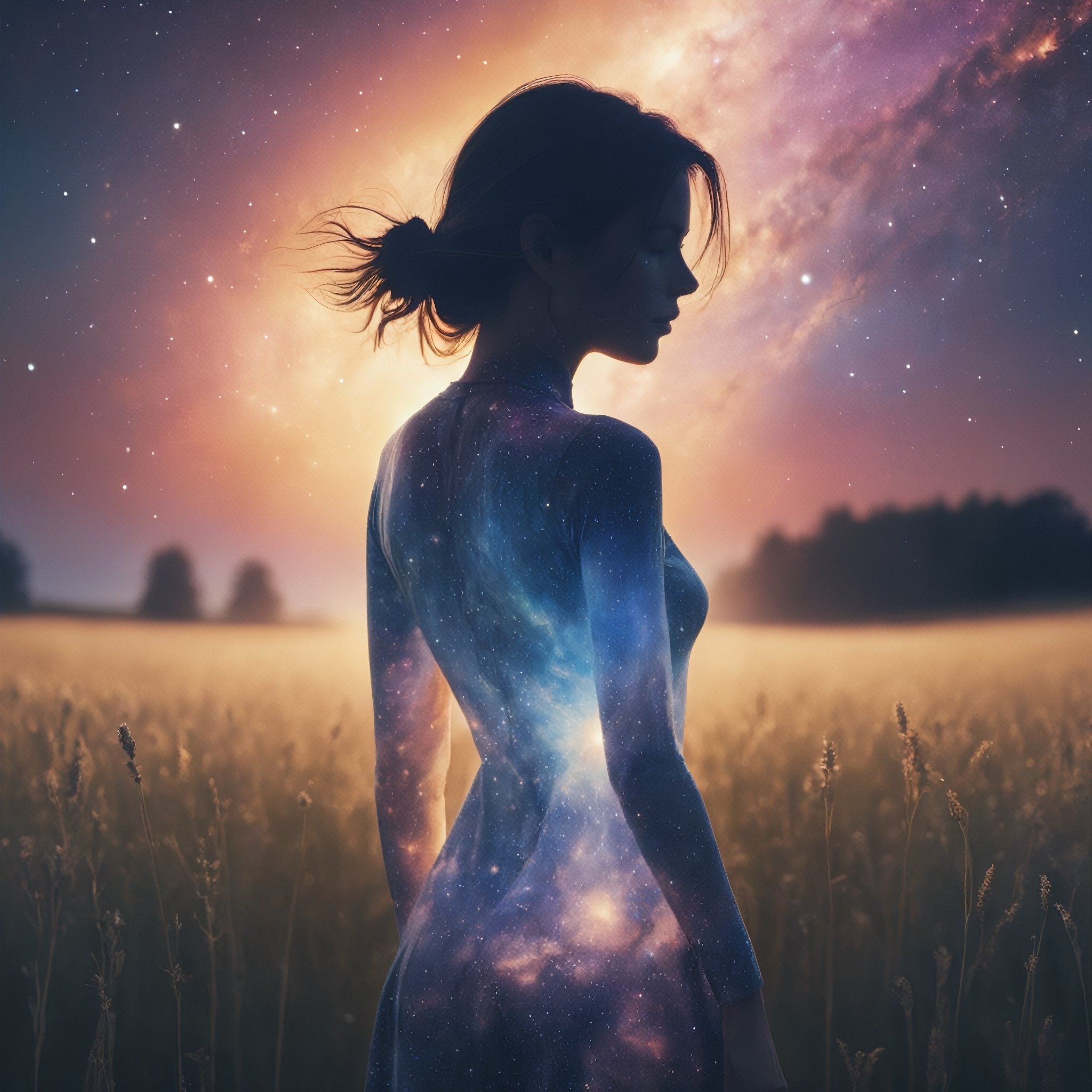 A close up fantastic image of a woman's outline containing the entire galaxy inside of her, as she stands in a field in summer at sunset, a soft aura surrounding her
