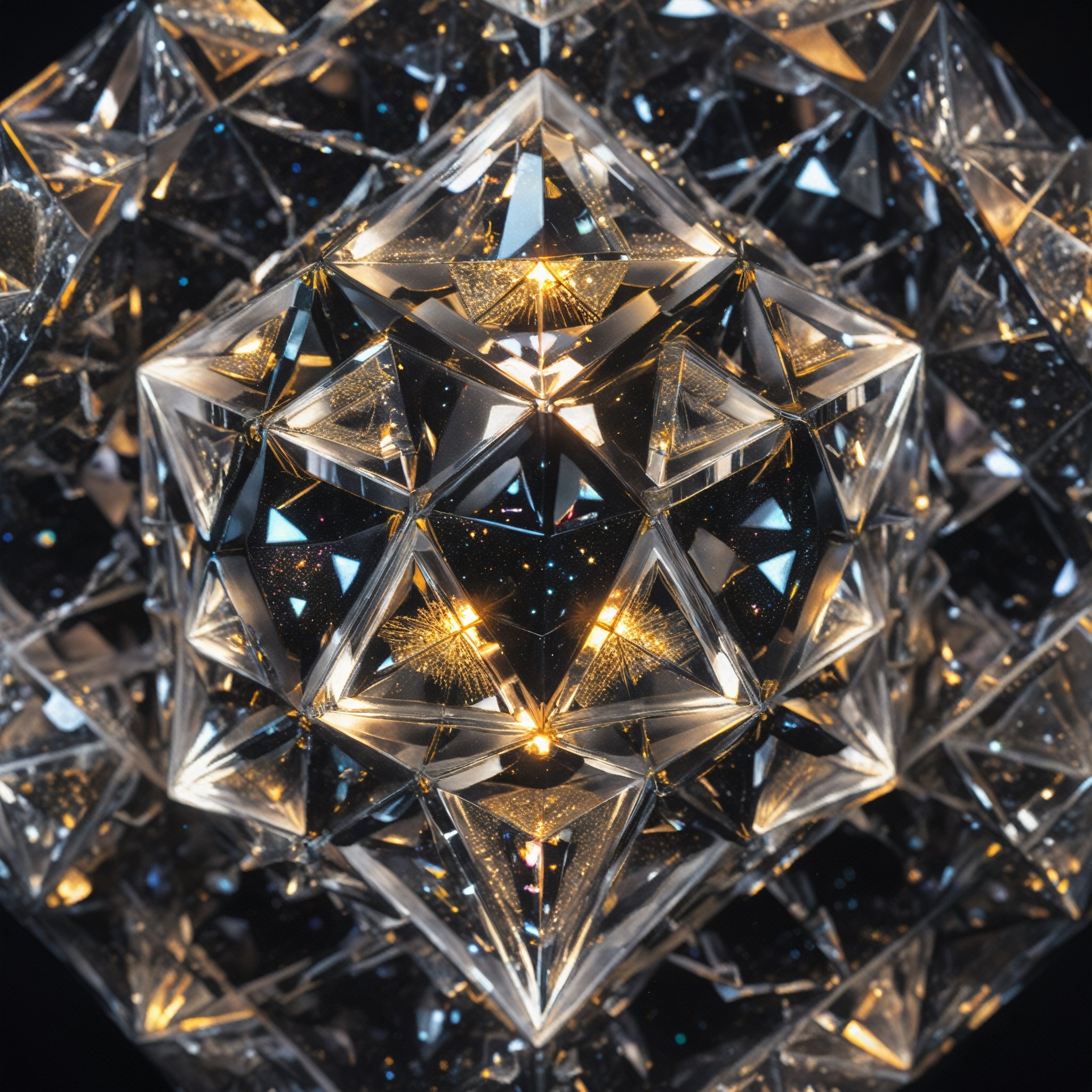 4 crystal pyramids inside a cube in a sphere contains energy, at the other end of the universe, in dark matter, time crystals, particles and quantum waves, nothingness, infinity, extremely detailed, UHD, black and silver neon colours,LegendDarkFantasy,glitter