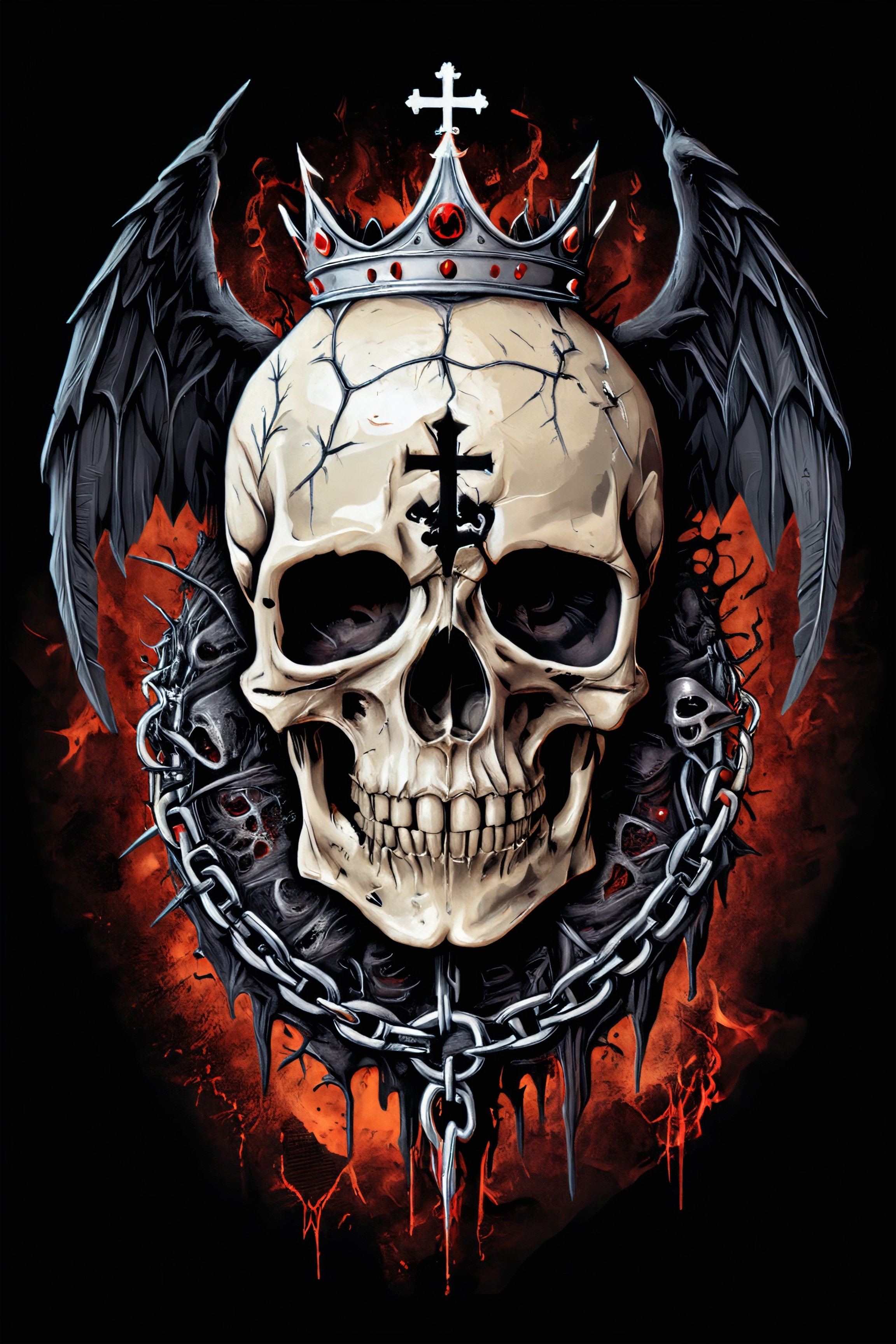 Horror-themed typography graphic t shirt design with , cross logo, angel wings and a crown of thorns design, use black and ceramic texture in the design, heavy metal theme, BY JOE FENTON, t-shirt design, flat colors, vector art, high contrast colors, vibrant colors, high details, ((black background)), ,  . Eerie, unsettling, dark, spooky, suspenseful, grim, highly detailed
,epoxy_skull