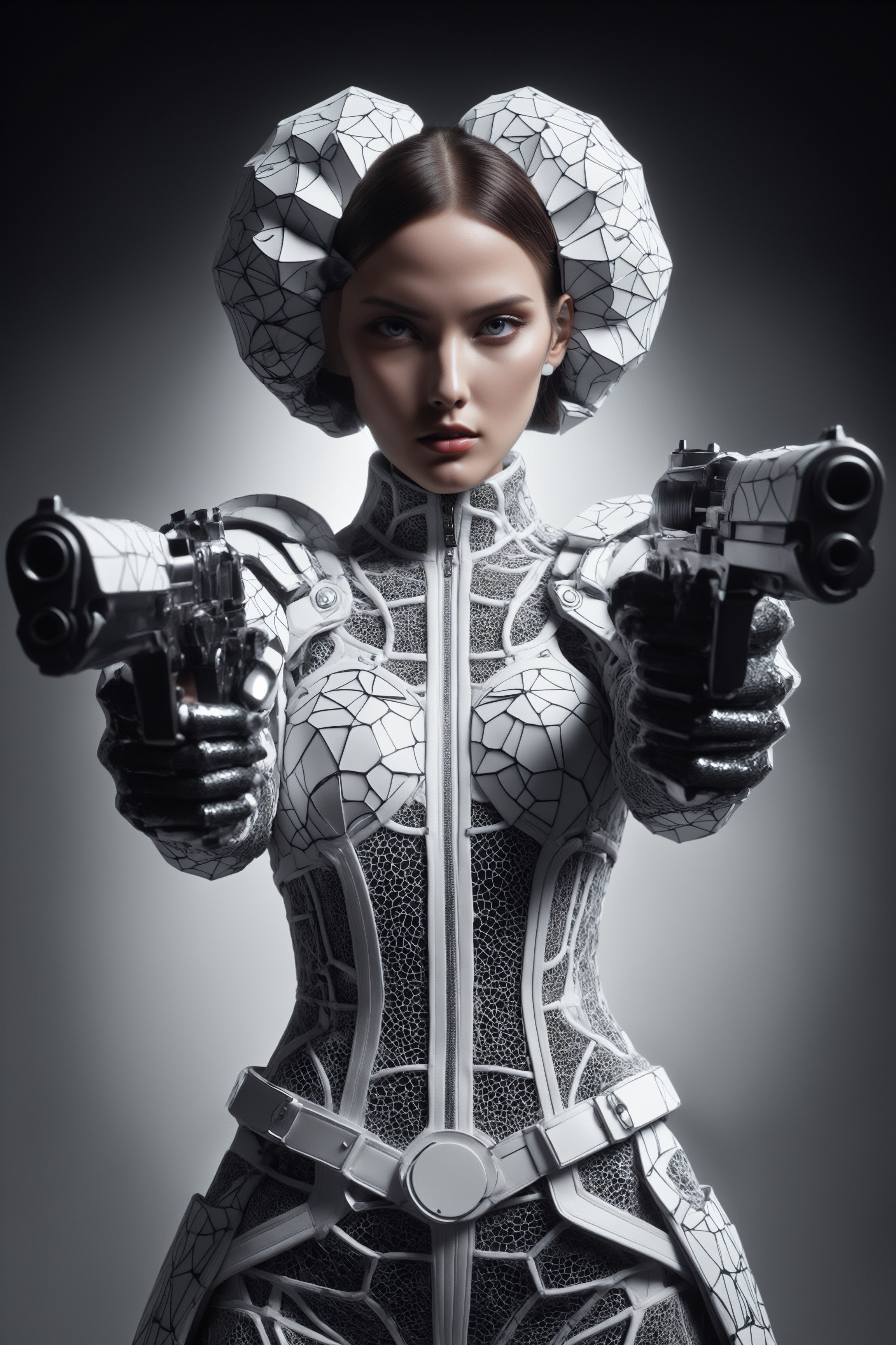 An elegant female super model at London Fashion Week, wearing a costume designed by Thom Browne with design elements including 3D generative Voronoi artwork created by artificial intelligence black-white textile materials polarized.toplight lighting photographed with Sony A7 IV
,cyberpunk style,cyborg style,monster,neon photography style,darkart,dual pistols