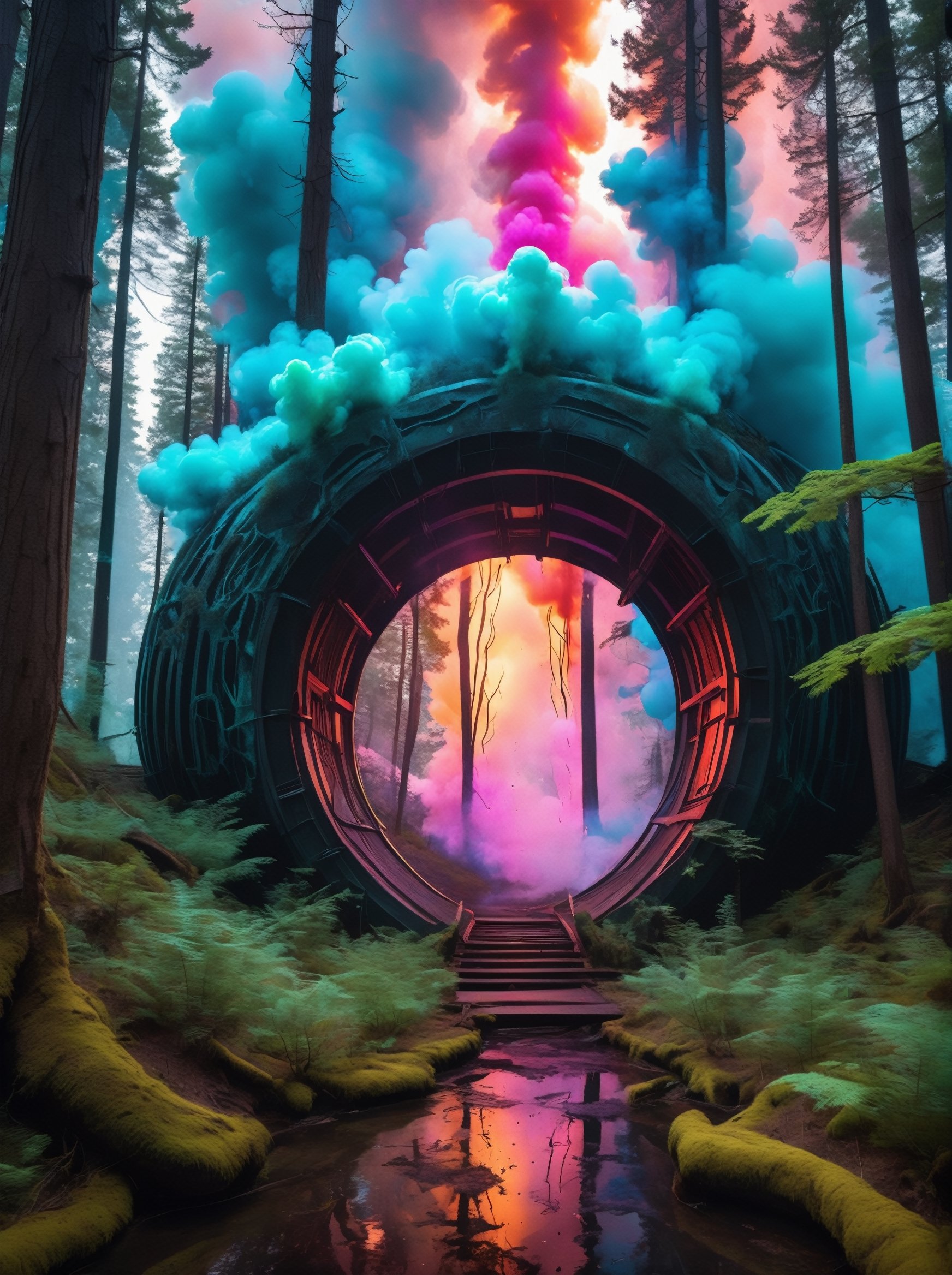 cinematic photo, tall tech curved structures, vibrant colors, glowing light, bioluminescent forest, (colored smoke dripping from the lights:1.4) tunnel,  
,more detail XL