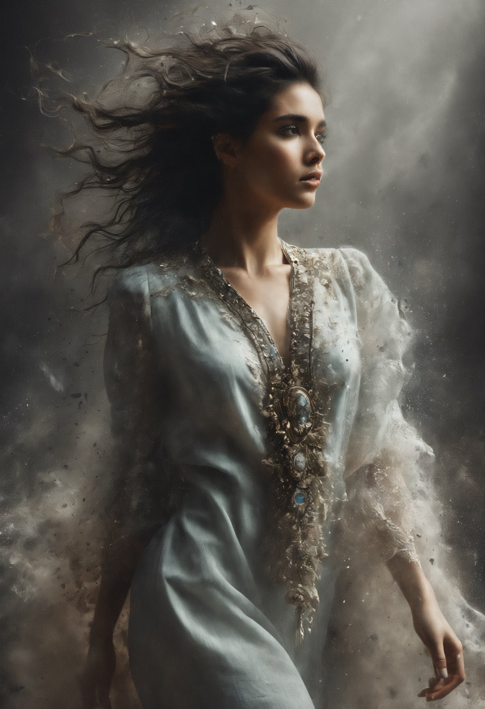 Macro, Surreal, ethereal, shot sleeve beautiful blouse and jeans, the Egyptian god Osirus, bold, layers of linen, old cardstock paper, dancing spirits, wind, Dramatic lighting,  detailed, rich deep colors, deep shadows
,DissolveSdxl0