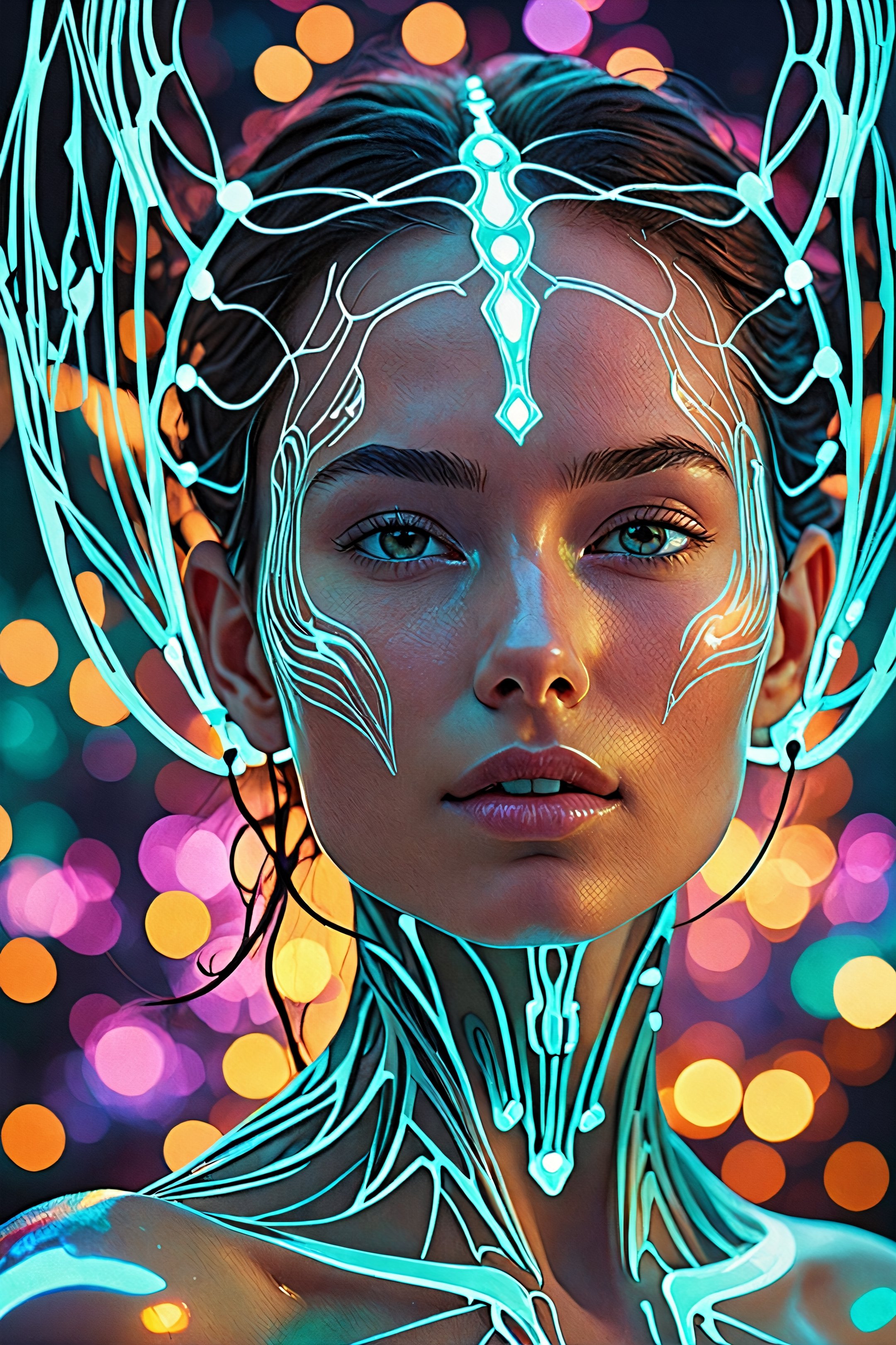 Highly detailed illustration of a young female with asymmetrical, harmonious features that strike a perfect balance between strength and delicacy, ((seamless interaction with the elements)), ((strong environmental light), (futuristic dreamscape), (cybernetic realms), celestial glow emanating softly, physical and ethereal form, sinuous elegance, kaleidoscopic hues of possibility, portray a realm where the enigmatic convergence of serenity and chaos unfolds, floats gracefully, exuding an otherworldly aura mystical glow, radiating a gentle and comforting light, bioluminescent glowing, playful body manipulations, divine proportion, non-douche smile, gaze into the camera, holographic shimmer, whimsical lighting, enchanted ambiance, soft textures, imaginative artwork, ethereal glow, silent Luminescence, whispering Silent, iridescent Encounter, vibrant background, by Skyrn99, full body, (((rule of thirds))), high quality, high detail, high resolution, (bokeh:2), backlight, long exposure:2
