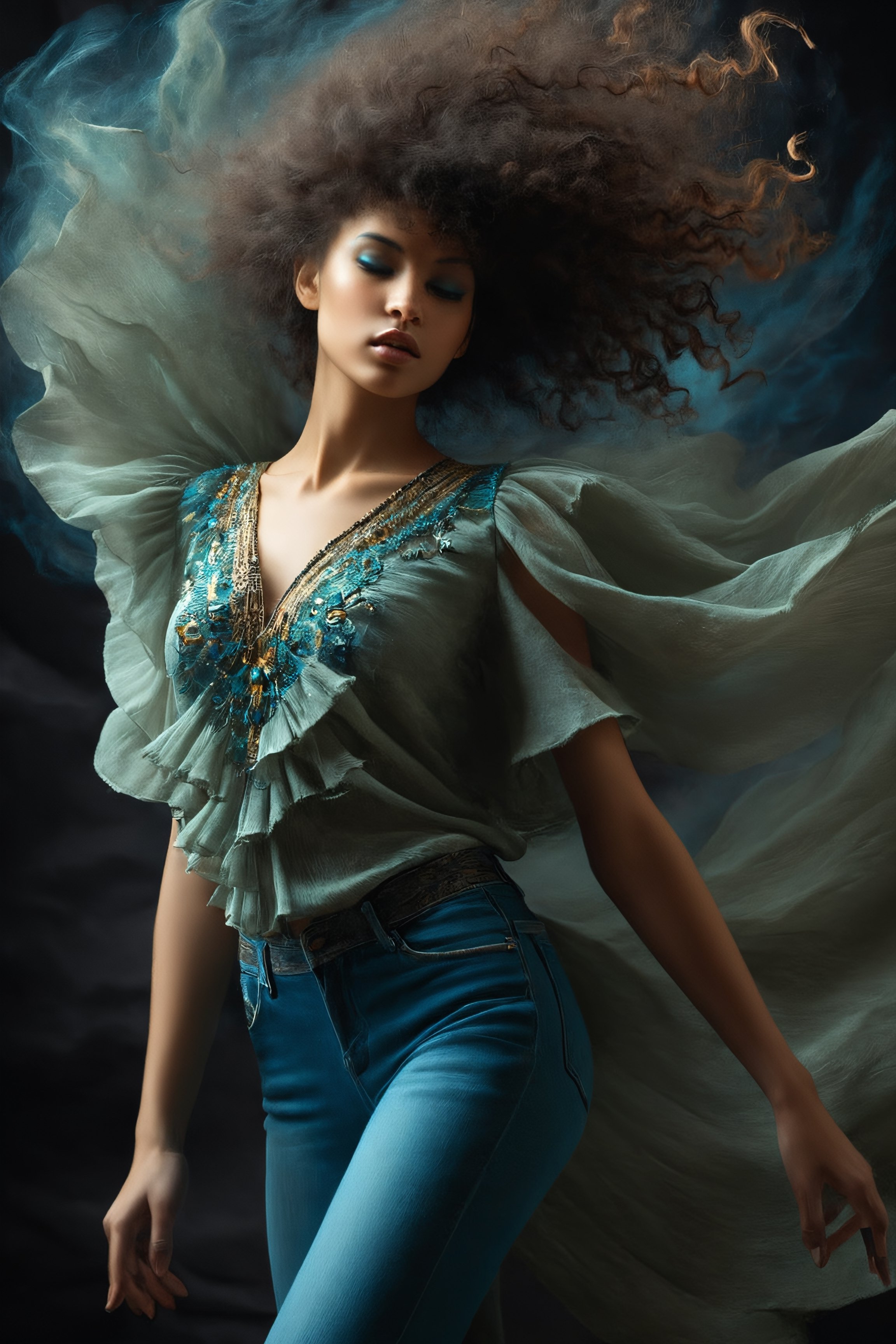 Macro, Surreal, ethereal, shot sleeve beautiful blouse and jeans, the Egyptian god Osirus, bold, layers of linen, old cardstock paper, dancing spirits, wind, Dramatic lighting,  detailed, rich deep colors, deep shadows
,DonM3l3m3nt4lXL,DissolveSdxl0