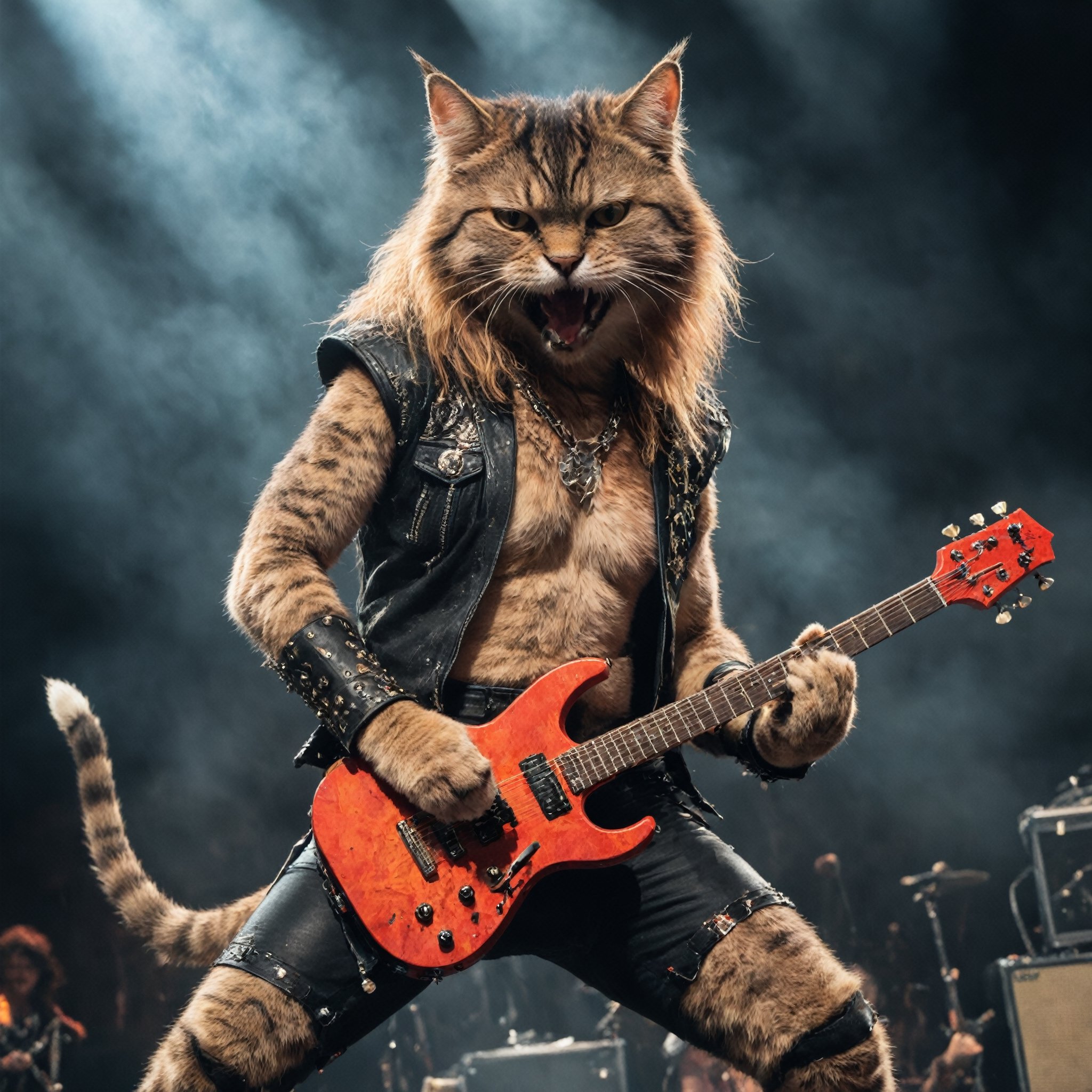 a 1980s hair glam metal cat playing axe guitar, concert, stage, arena,
photography, very realistic
