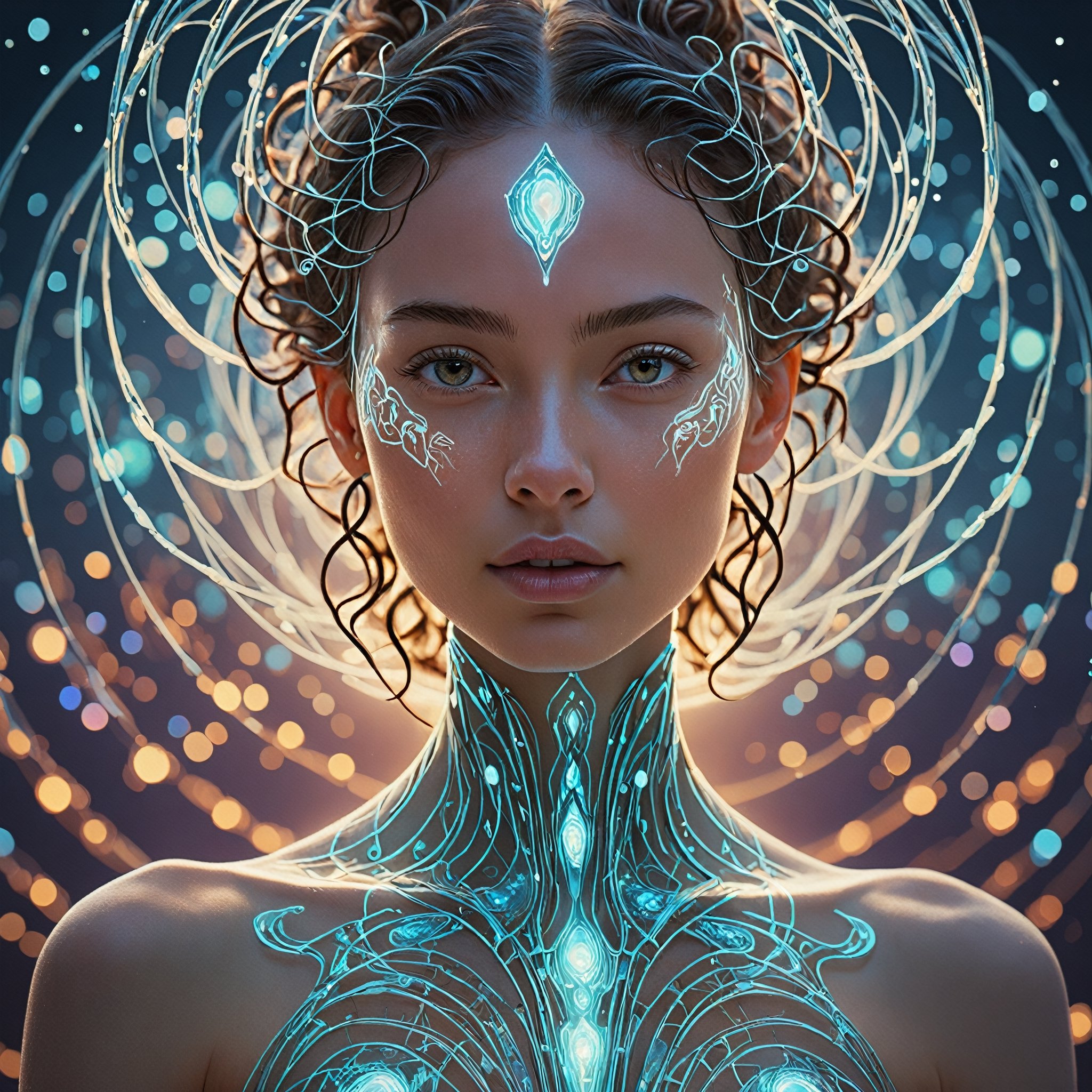 Highly detailed illustration of a young female with asymmetrical, harmonious features that strike a perfect balance between strength and delicacy, ((seamless interaction with the elements)), ((strong environmental light), (futuristic dreamscape), (cybernetic realms), celestial glow emanating softly, physical and ethereal form, sinuous elegance, kaleidoscopic hues of possibility, portray a realm where the enigmatic convergence of serenity and chaos unfolds, floats gracefully, exuding an otherworldly aura mystical glow, radiating a gentle and comforting light, bioluminescent glowing, playful body manipulations, divine proportion, non-douche smile, gaze into the camera, holographic shimmer, whimsical lighting, enchanted ambiance, soft textures, imaginative artwork, ethereal glow, silent Luminescence, whispering Silent, iridescent Encounter, vibrant background, by Skyrn99, full body, (((rule of thirds))), high quality, high detail, high resolution, (bokeh:2), backlight, long exposure:2
,Movie Still
