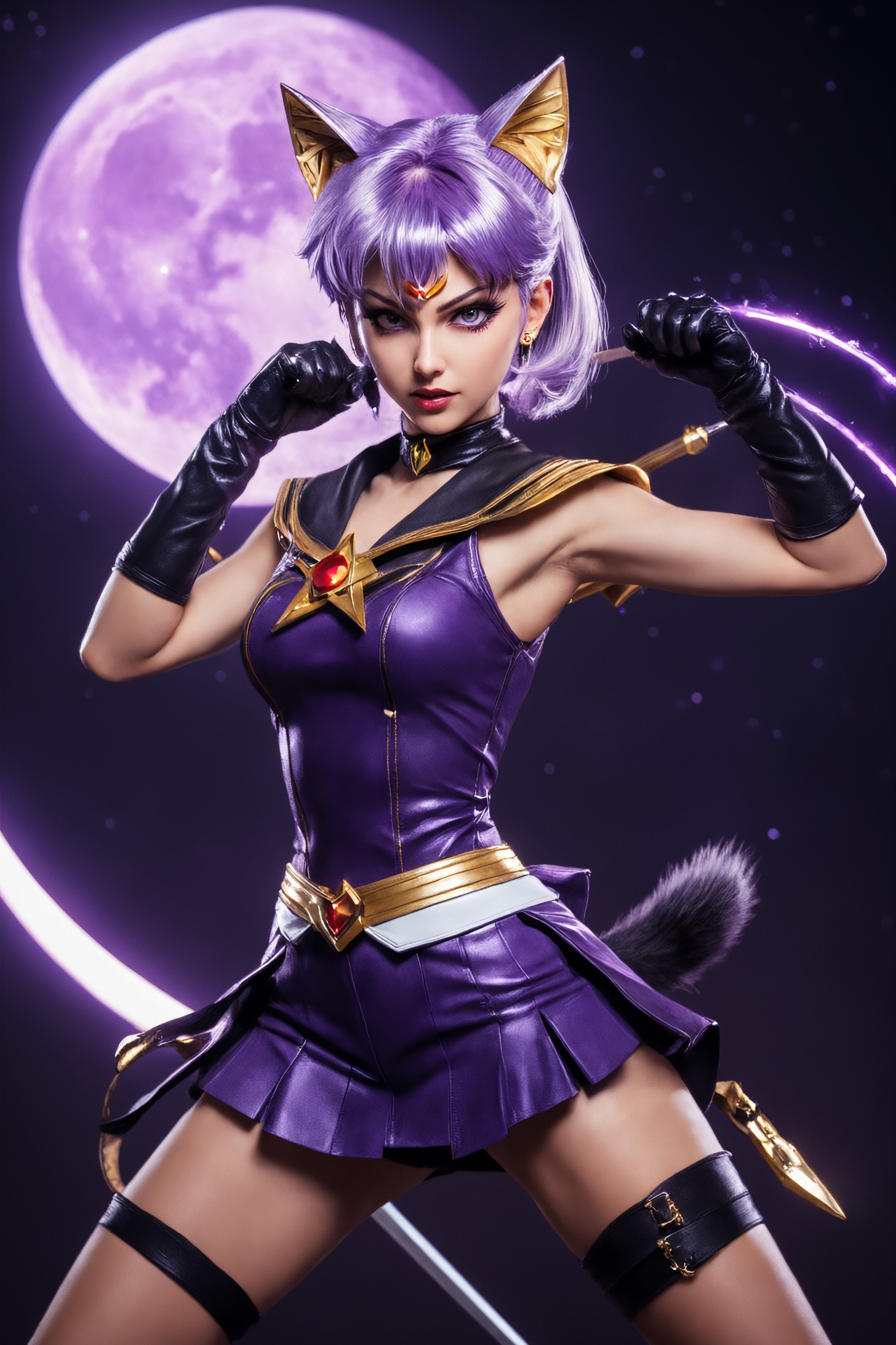 Magical girl witch, fierce expression, short hair, glowing hair, (purple leather:1.3),sailor moon-esque outfit, cat ears, fighting pose, (athletic build:1.2),iridescent clothing,(holding weapen:1.3),fighting stance,transEffect,glowing (moonlight), (masterpiece, best quality, ultra-detailed, best shadow), detailed background,cowboy shot,high contrast, (best illumination, an extremely delicate and beautiful), ((cinematic light)), colorful, hyper detail, dramatic light, intricate details, ((vibrant colors)), 8k,subsurface scattering