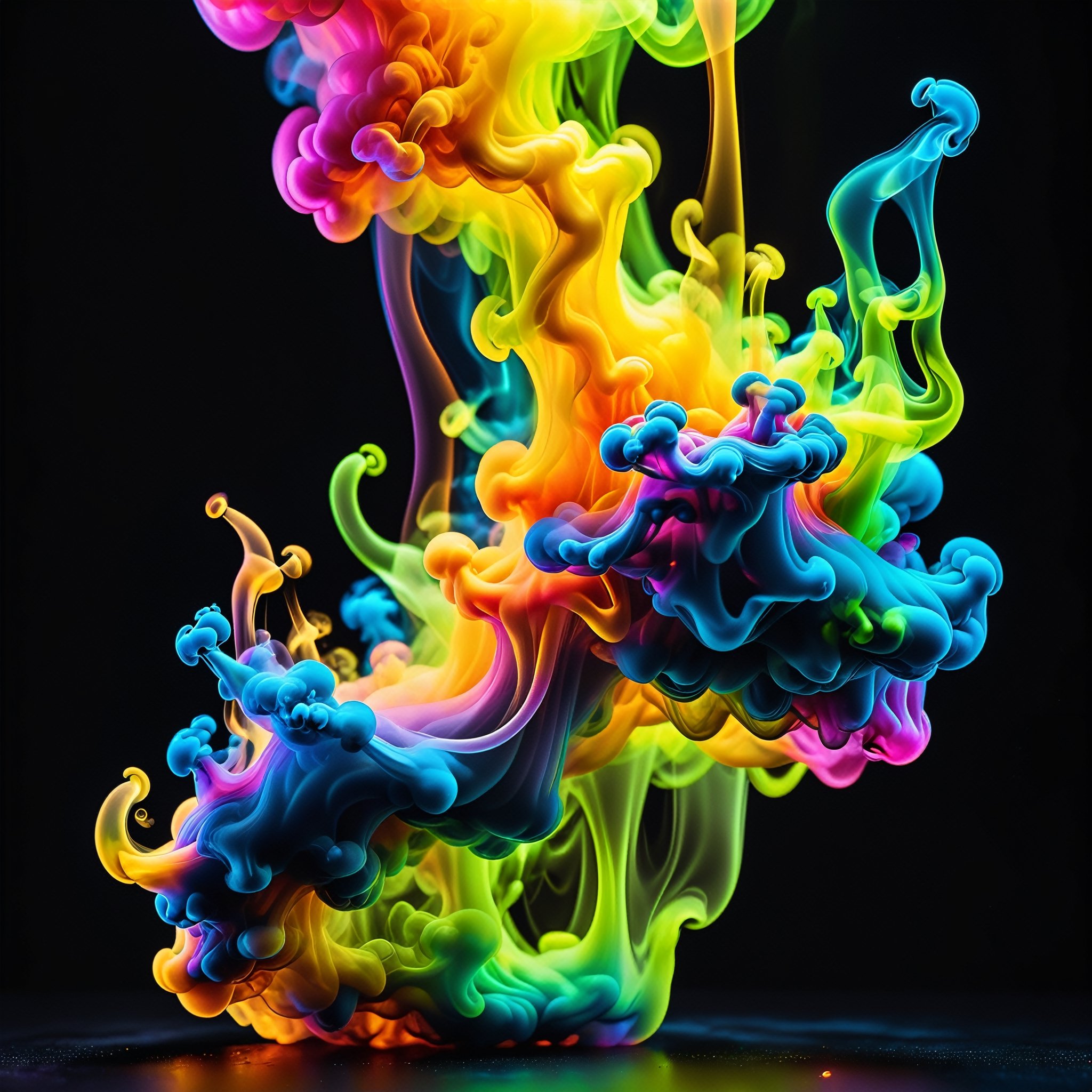 Liquid and Smoke, Dark Backdrop, Wallpaper. ral-barriertapetranslucent, Macro photo of neon glowing organic shaped liquid smoke. Technology backdrop, extremely detailed, are all the colours of the rainbow, with yellow being the most important one