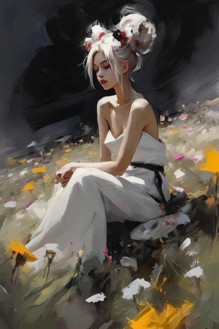 Soraka, abstract neorealism, dreamy fantasy art, darkness graces every curve, style Franz Kline, sitting on a field of flowers, looking up, ethereal form, voluptuous and messy bun