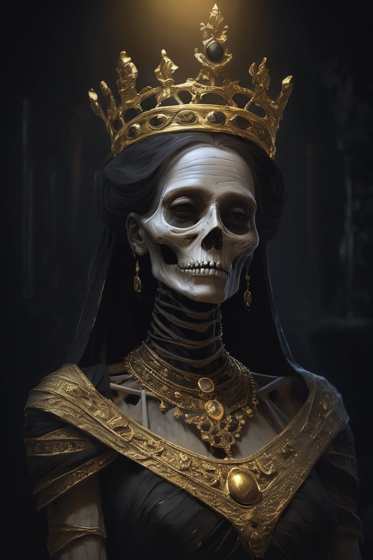 a long dead old queen depicted as a mummy preserved in her tomb, wearing a gold crown and a gold necklace and a gold and black dress, her face is skeletal, a dark setting, with a black background and some lights, the atmosphere is disturbing and mysterious