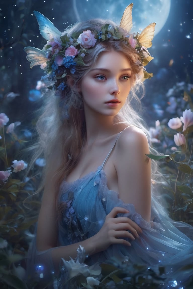 a breathtaking beautiful fairy girl, flower hair decorations, surrounded by flowers and plants, bathed in the shimmering glow of moonlight, cinematic, celestine azure, by Vladimir Matyukhin