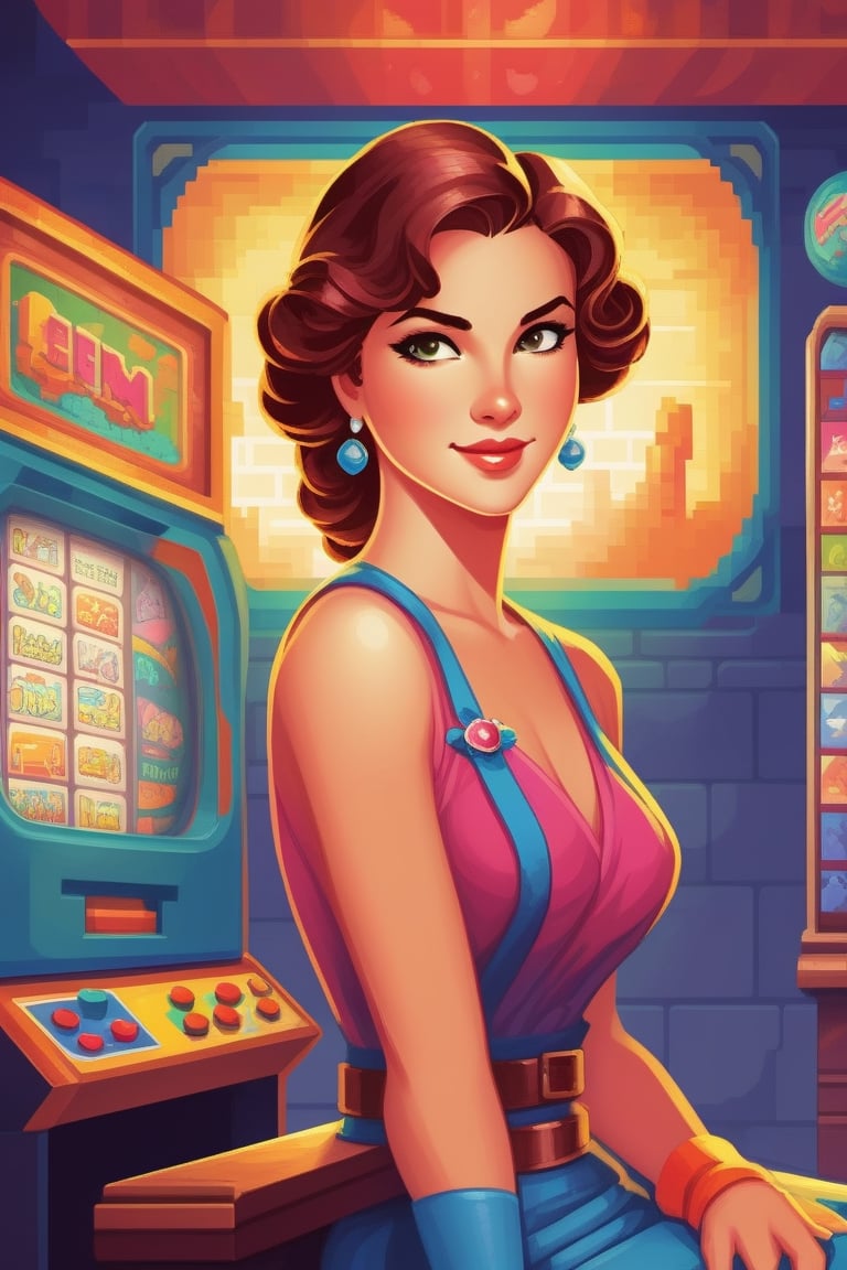 Retro game art, a woman, 16-bit, vibrant colors, pixelated, nostalgic, charming, fun