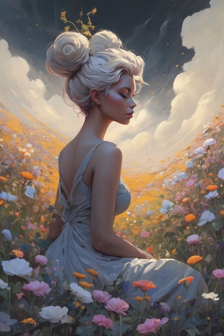 Soraka, abstract neorealism, dreamy fantasy art, darkness graces every curve, style Charles Ginner, sitting on a field of flowers, looking up, ethereal form, voluptuous and messy bun