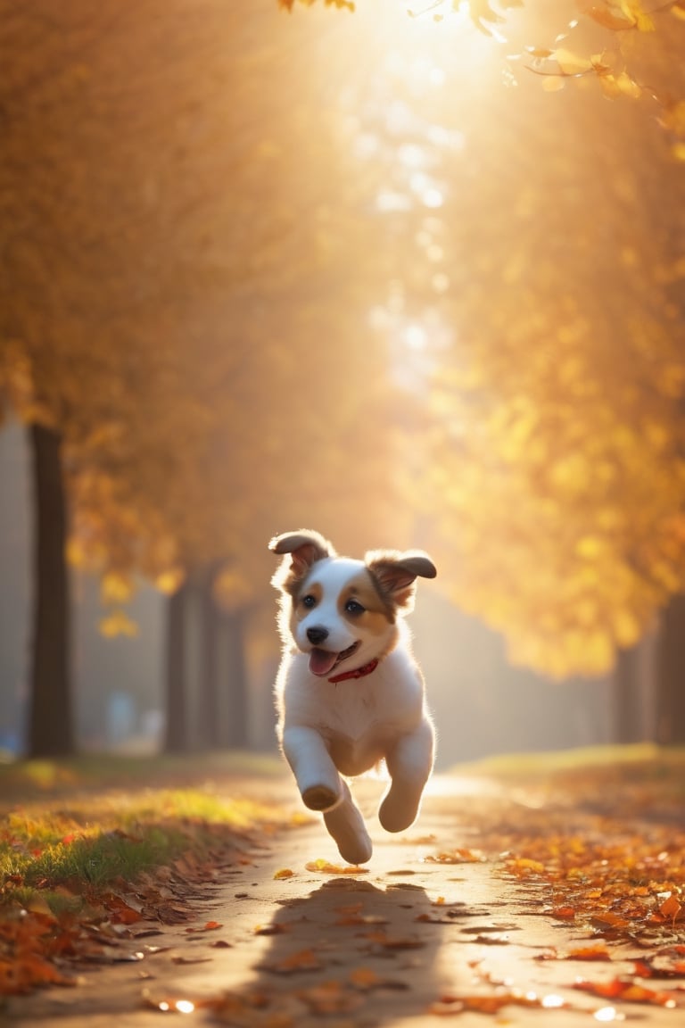 ​masterpiece, top-quality, morning, stroll, pup, autum, floating in sky, a closeup with light glowing, happiness, fresh morning sunshine, Spark:0.8, stroll, landscapes