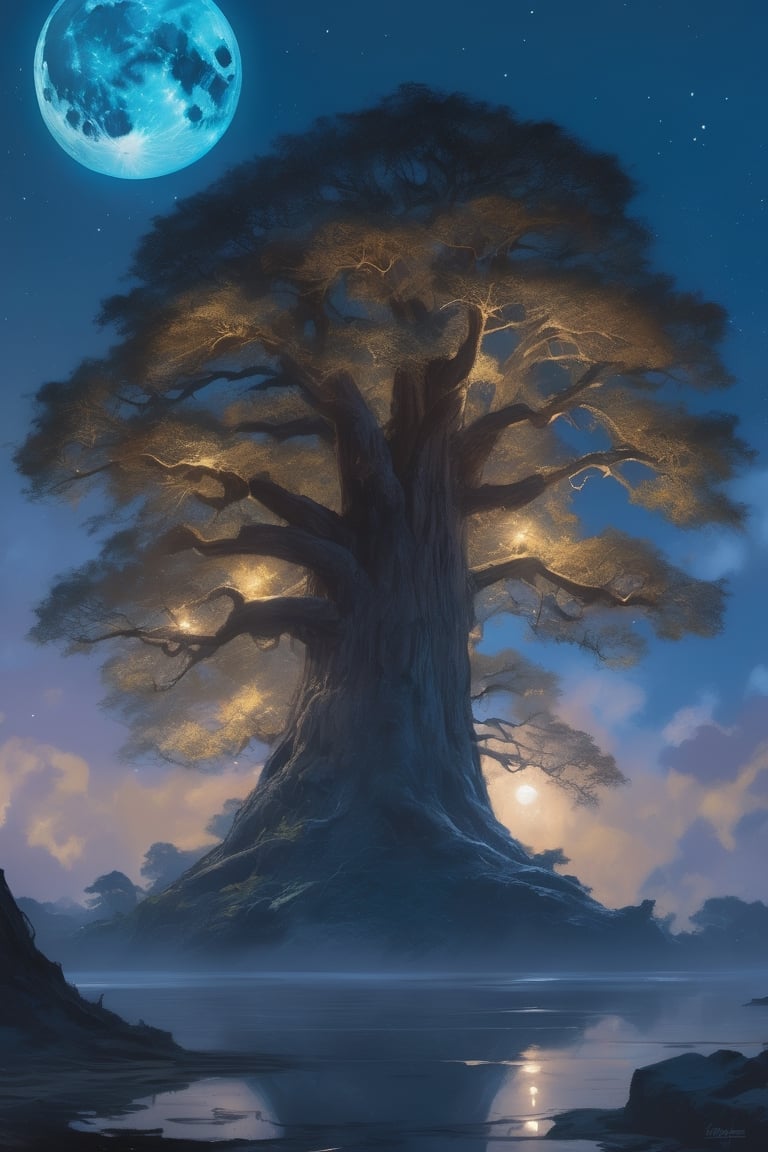 giant tree at night, bathed in the shimmering glow of moonlight, cinematic, celestine azure, craig mullins