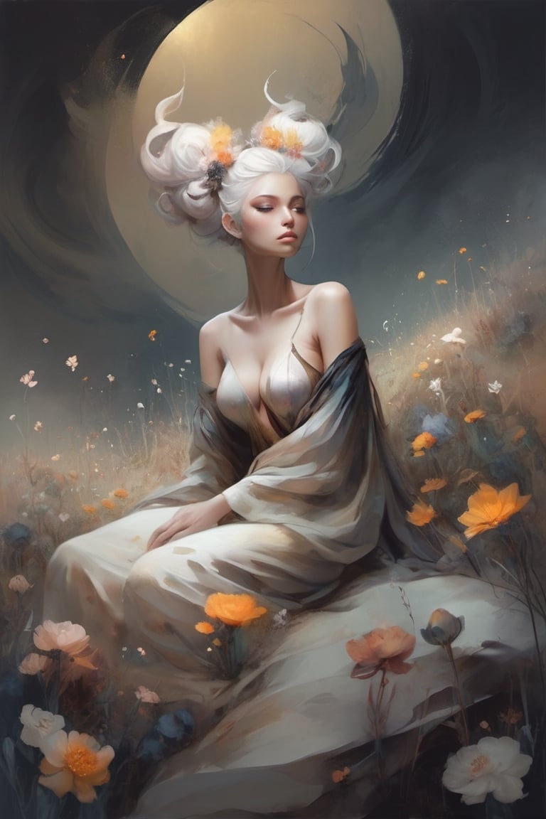 Soraka, abstract neorealism, dreamy fantasy art, darkness graces every curve, style Loish Anne Bachelier, sitting on a field of flowers, looking up, ethereal form, voluptuous and messy bun