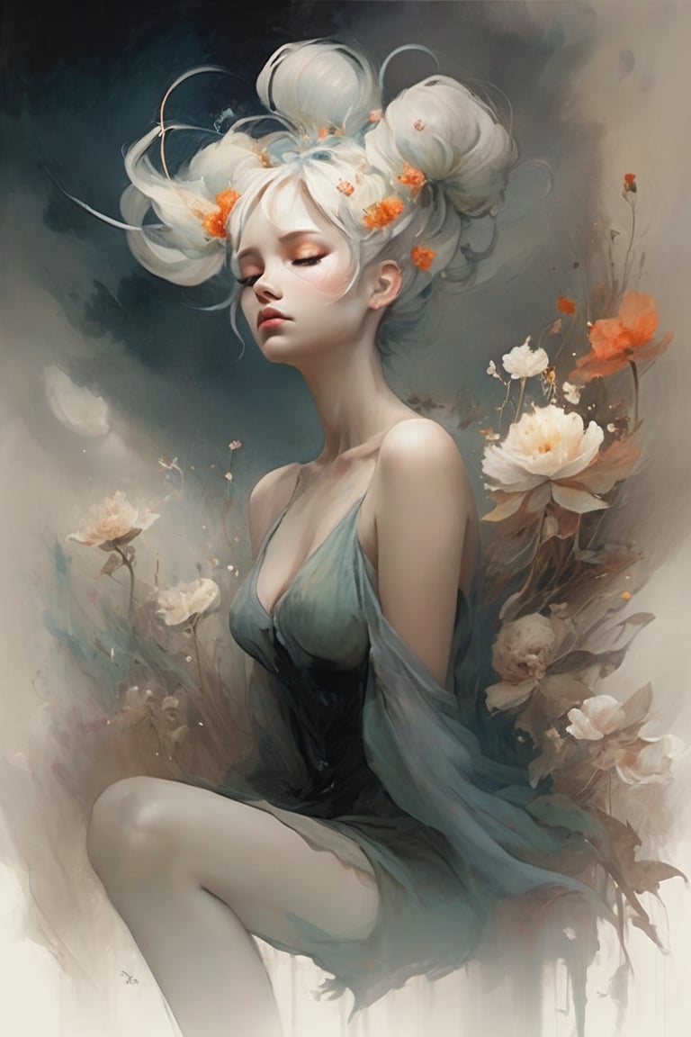 Soraka, abstract neorealism, dreamy fantasy art, darkness graces every curve, style Loish Anne Bachelier, sitting on a field of flowers, looking up, ethereal form, voluptuous and messy bun