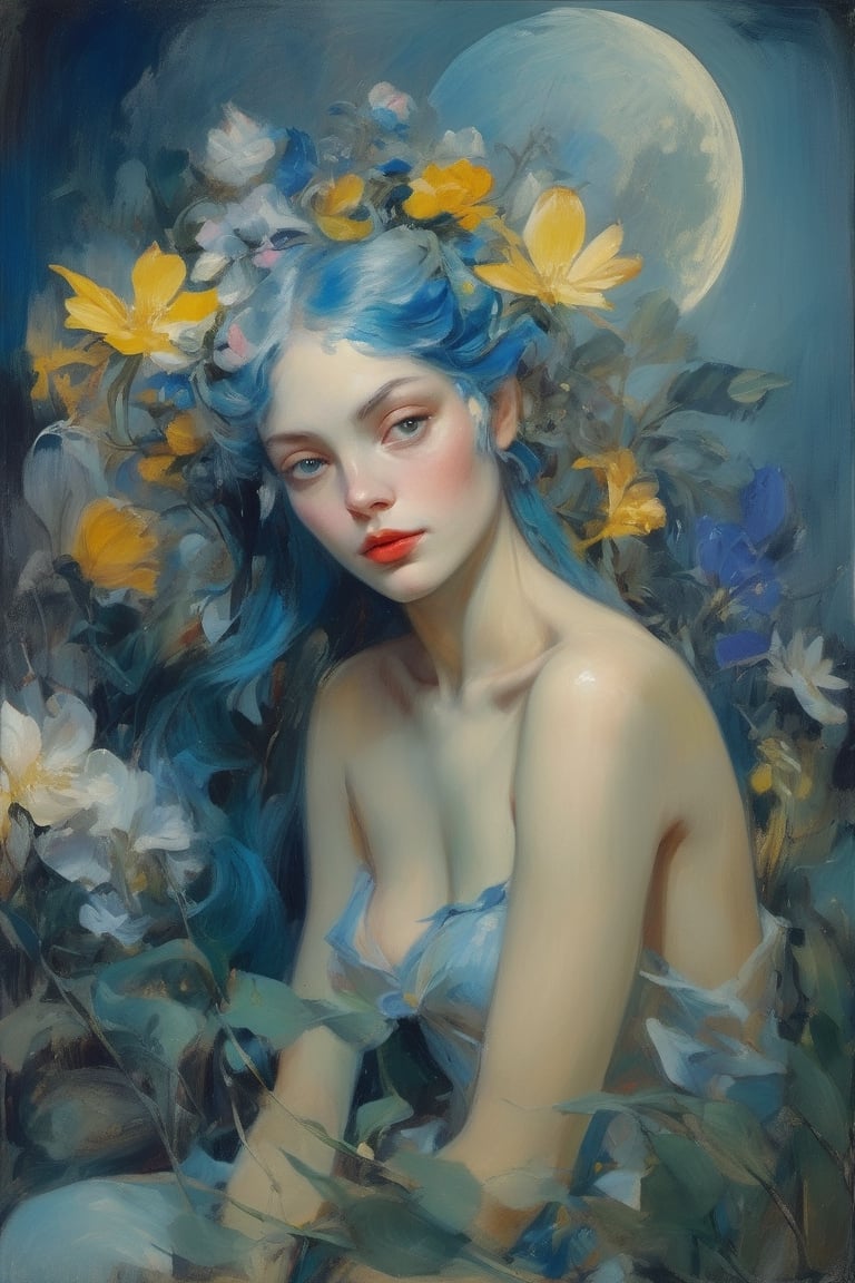 a breathtaking beautiful fairy girl, flower hair decorations, surrounded by flowers and plants, bathed in the shimmering glow of moonlight, cinematic, celestine azure, by Willem DeKooning