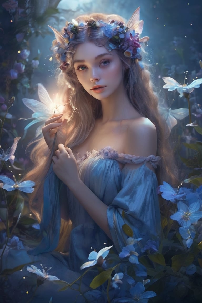 a breathtaking beautiful fairy girl, flower hair decorations, surrounded by flowers and plants, bathed in the shimmering glow of moonlight, cinematic, celestine azure, by Vladimir Matyukhin