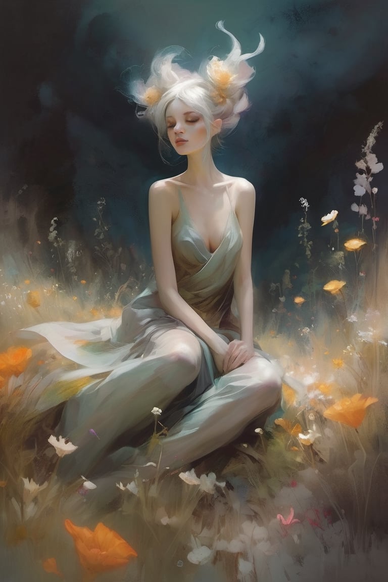 Soraka, abstract neorealism, dreamy fantasy art, darkness graces every curve, style Loish Anne Bachelier, sitting on a field of flowers, looking up, ethereal form, voluptuous and messy bun