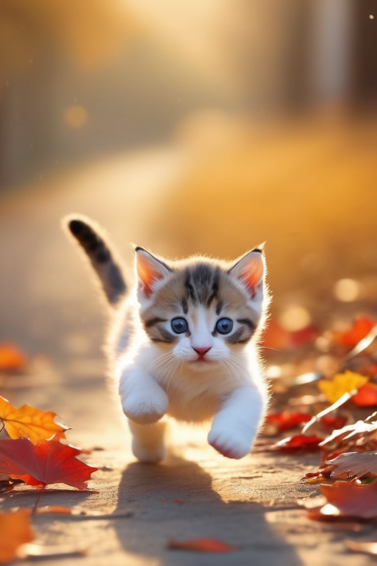 ​high quality masterpiece, autumn morning, running baby cat, close-up with bright light, happiness