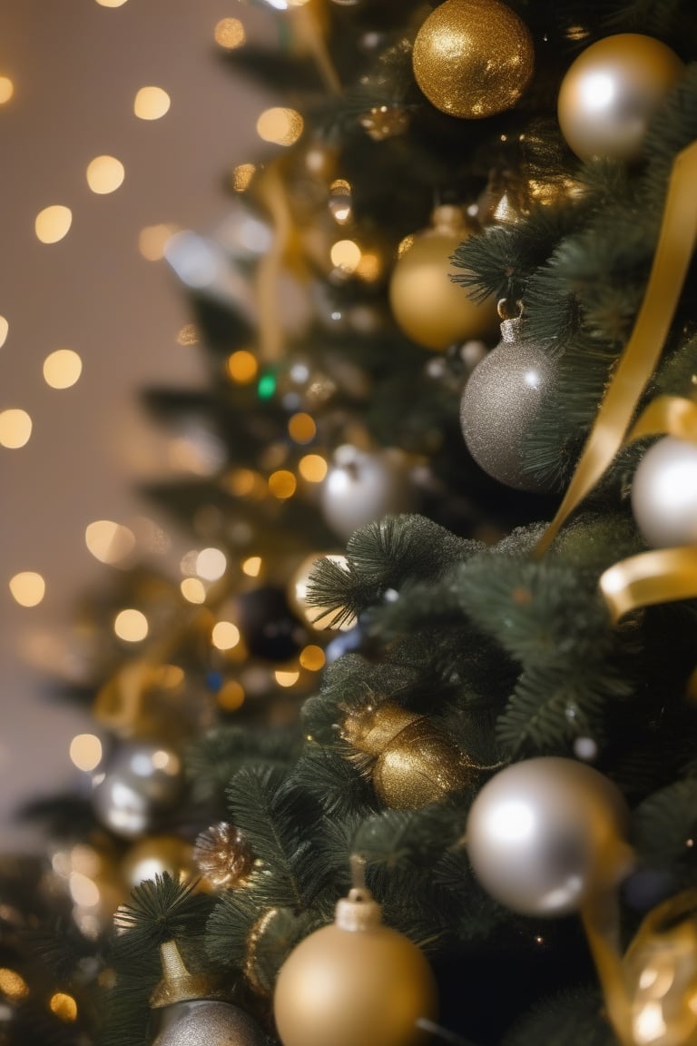close-up on a Christmas tree (noble fir) decorated with gold and silver balls and lots of mini lights and ribbons