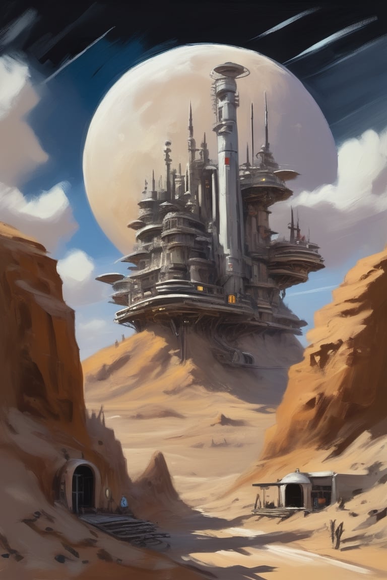 moon station, a painting by alan koz, in the style of digital fantasy landscapes, plein air scenes, flat brushwork