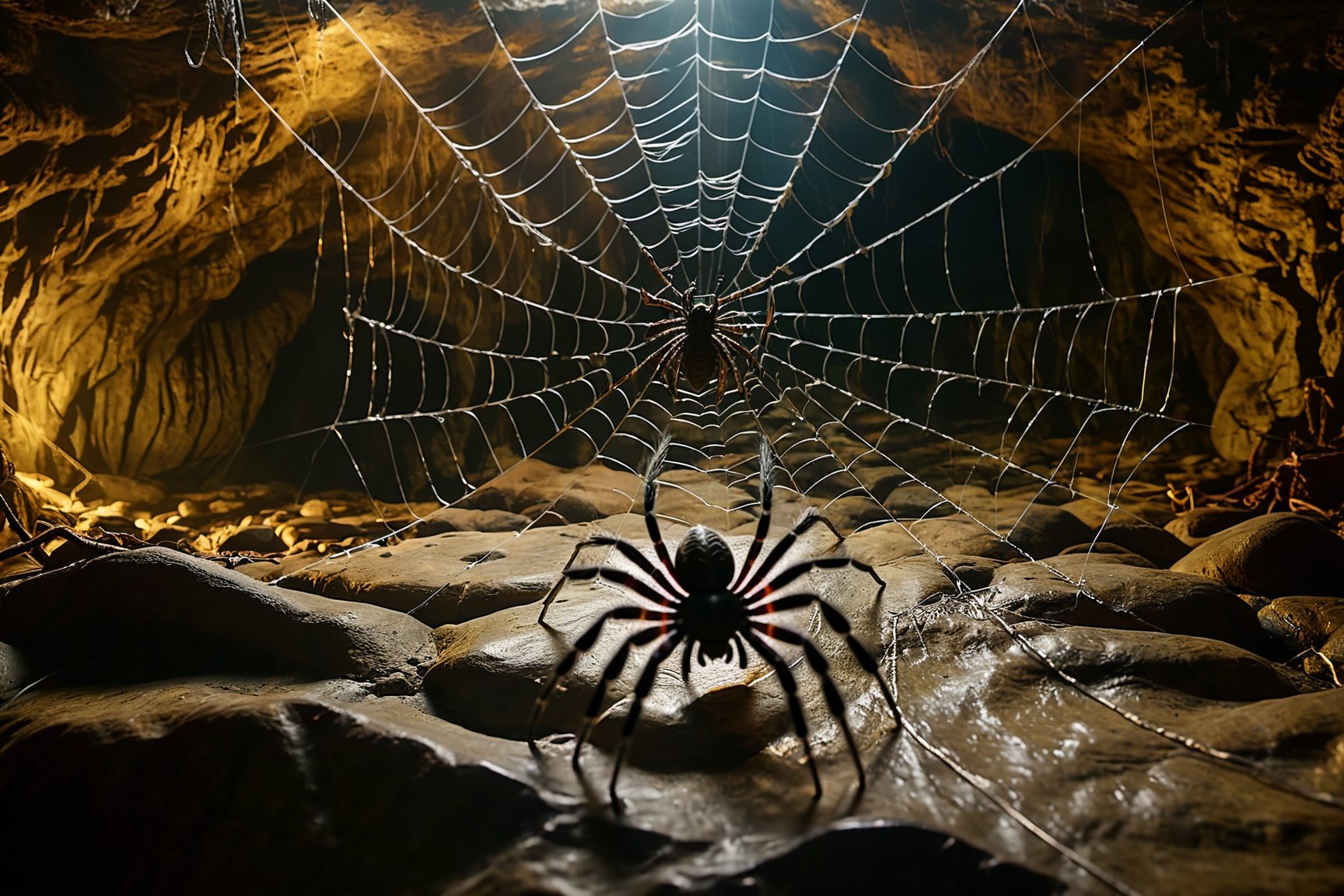 Thrill-themed cinematic film still of ((gigantic savage spider)) trap the sleeping pirates with tight spider web inside of haunted cave when night, dark light, from top dynamic view, cinemascope, highly detailed, more detail XL.