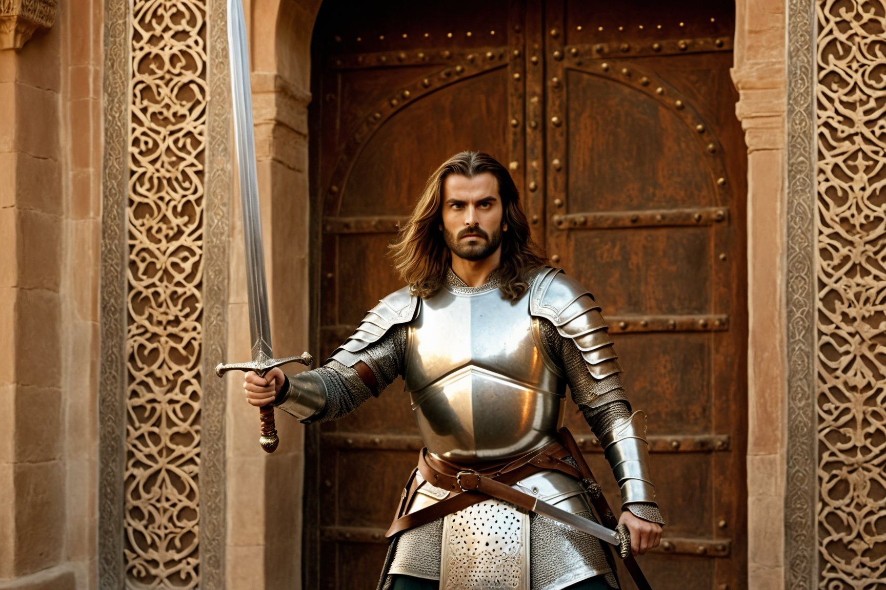 Thrill-themed cinematic film still of a (( male in rusty silver armor while waving his great sword up, toned body, pale face, long hair while ready to attack with his sword to enemy)) in front of door of a persian palace door, inside persian palace house, chest to up, from center view, cinemascope, highly detailed ,more detail XL,HellAI.