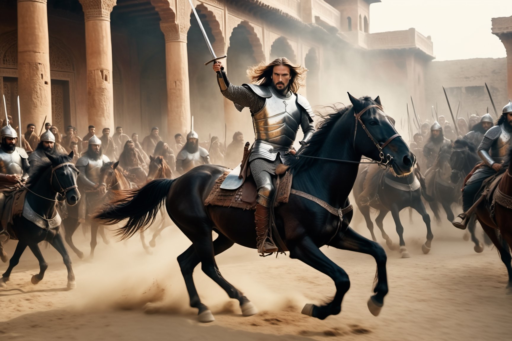 Thrill-themed cinematic film still of a (( male in rusty silver armor, toned body, pale face, long hair  dynamically waving his sword to enemy while riding a black big fast horse)) fighting with a group of savage manchurian barbarian in  a persian palace street, wrecked surrounding, chest to up, dynamic view, cinemascope, highly detailed ,more detail XL,HellAI.