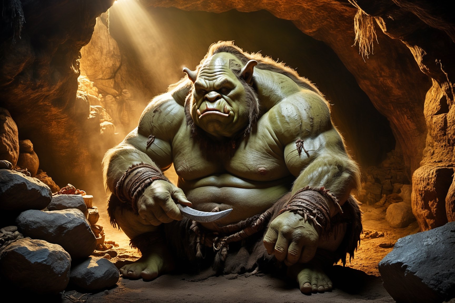 Thrill-themed cinematic film still of a (( big fat wild male ogre)) chewing huge meat savagely with his big mouth while sitting inside a dark cave, from back view, close up, ancient era, cinemascope, highly detailed ,more detail XL.,monster