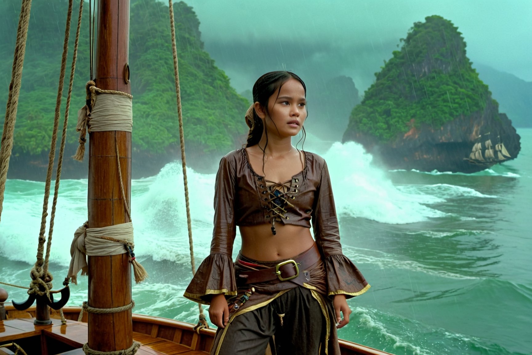 Thrill-themed cinematic film still  of  (((cute  burmese female teen in pirate cloth))) standing among male wild mature pitates at pirate sailing boat at among ocean under the rain, from side dynamic view, cinemascope, highly detailed, more detail XL.