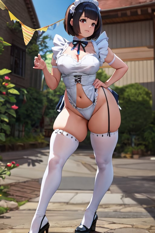masterpiece, best quality, (white background:1.2), (best quality:1.4), (ultra highres:1.2), (hyperrealistic:1.4), (anime :1.2) ,csr style,pastel color, mavis dracula,mavis dracula,striped thighhighs,maid cosplay,maid 