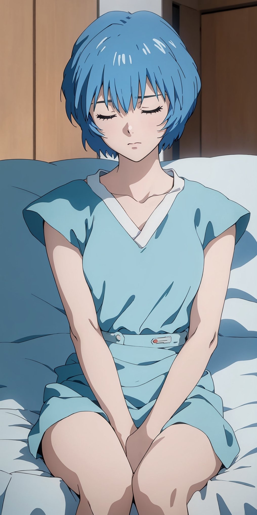 (masterpiece, 4k, best quality), anime, ayanamirei, 1girl, hospital gown, small breasts, , short hair, light blue hair, lying in bed, calm face, closed eyes, sleeping, inside hospital, indoors, detailed