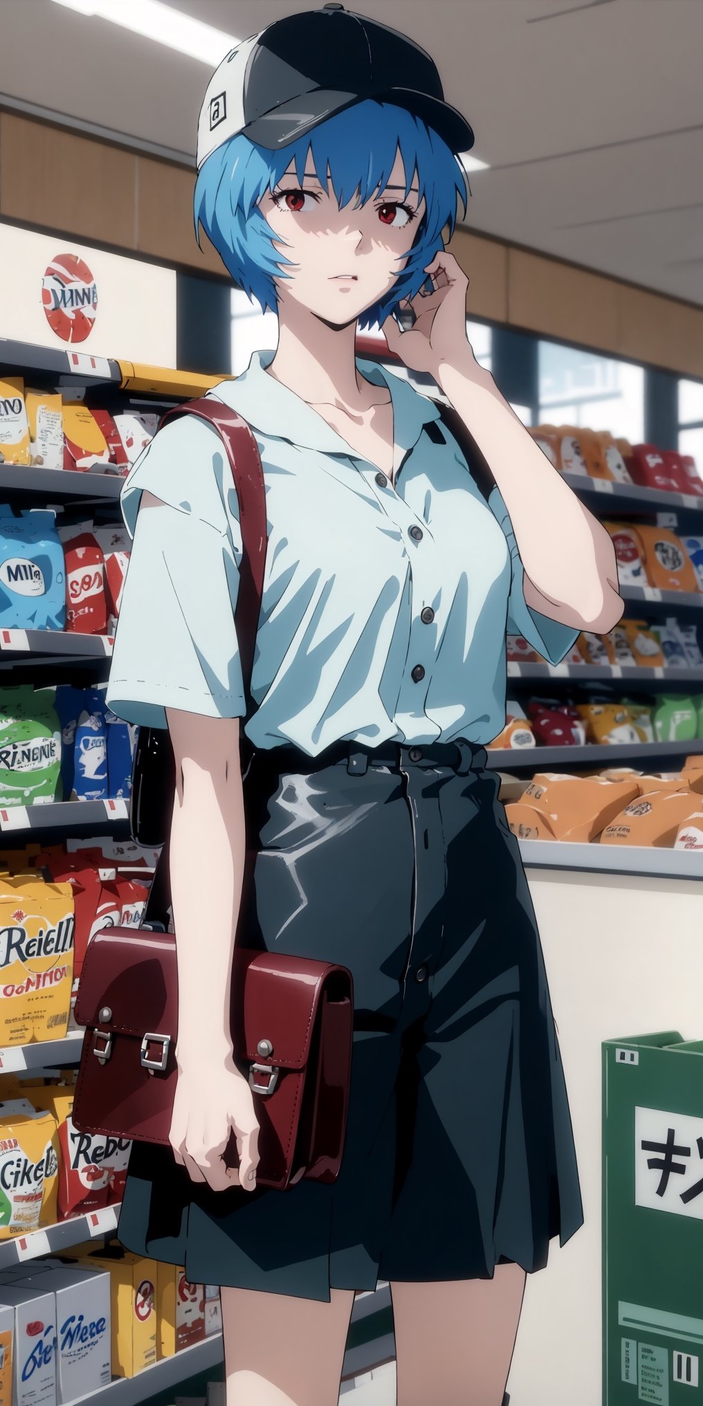 (masterpiece, 4k, best quality), anime, ayanamirei, 1girl, buttoned shirt, shorts, baseball cap, leather bag, small breasts, red eyes, short hair, light blue hair, standing, calm face, inside a grocery store, indoors, detailed