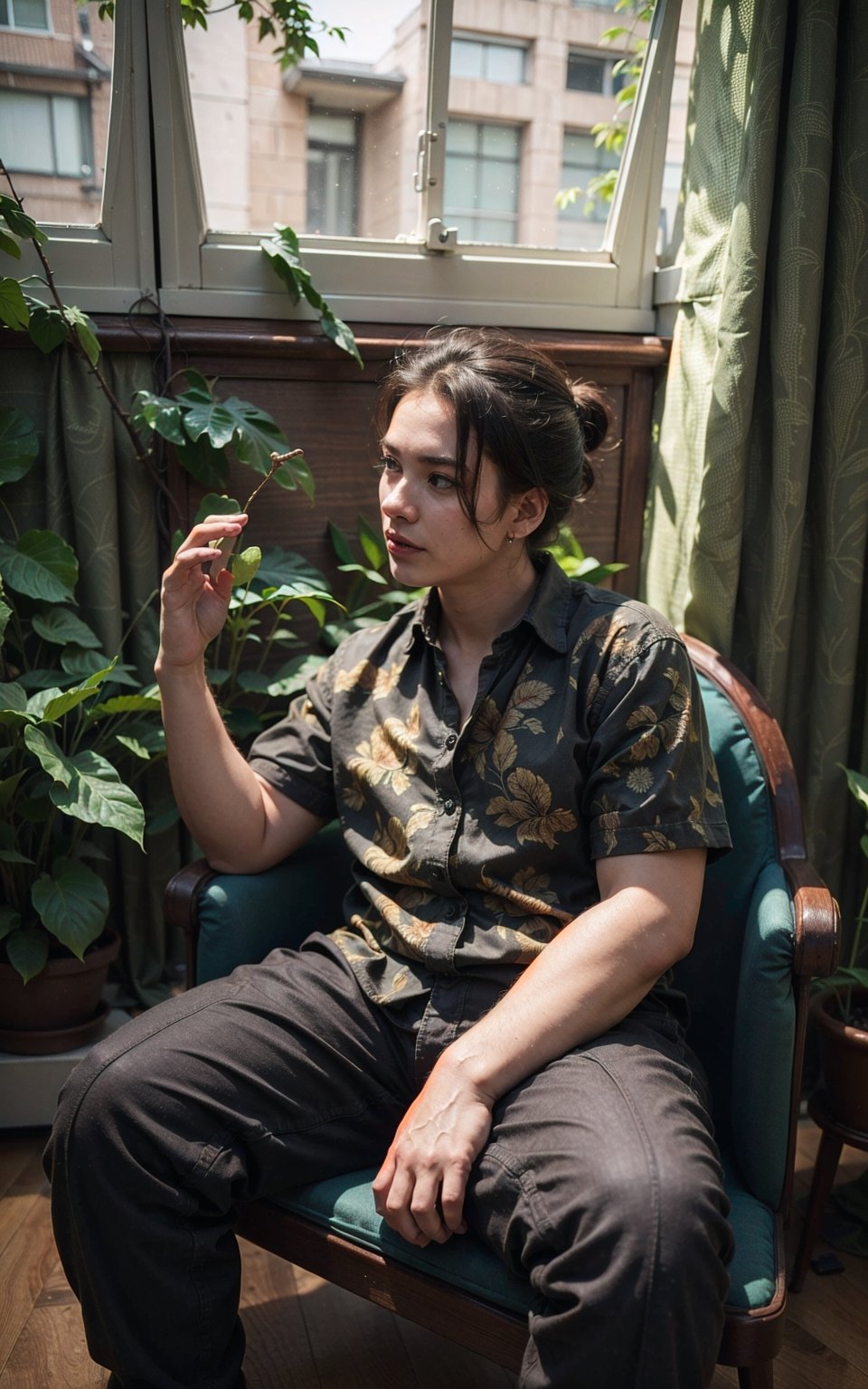 4k, (masterpiece, best quality, highres:1.3), ultra resolution, intricate_details, (hyper detailed, high resolution, best shadows),

1boy, man, chubby, sitting on a leather chair, in a room with large windows, looking_left, holding a long hanging branch of a plant(devil's ivy) with straight fingers, wearing a flowral pattern shirt and a pant, earrings, silky_hair, plants, foliage, monstera deliciosa plant, soft_lighting, curtains, ,(best quality