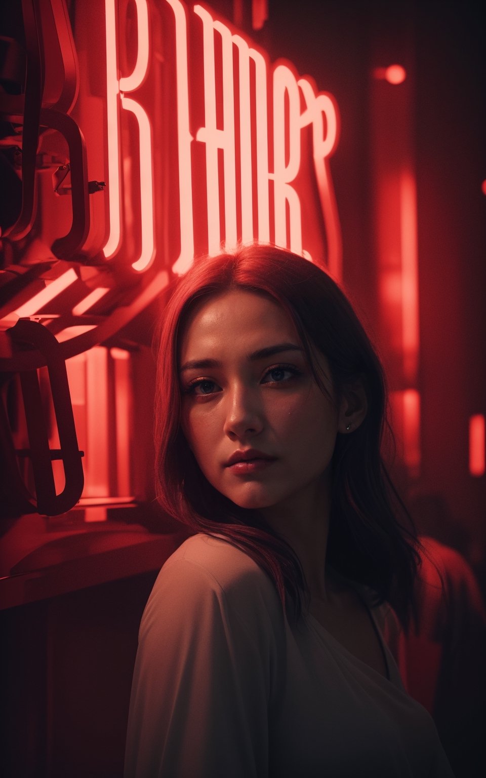 4k, (masterpiece, best quality, highres:1.3), ultra resolution, intricate_details, (hyper detailed, high resolution, best shadows),
1 woman, standing next to a neon light board, glowing in the dark, looking_at_camera, close up shot, light falling on her face, depth_of_field, realistic illumination,Mecha,blurry_light_background,realistic illumination,Holy light,Angel's wings