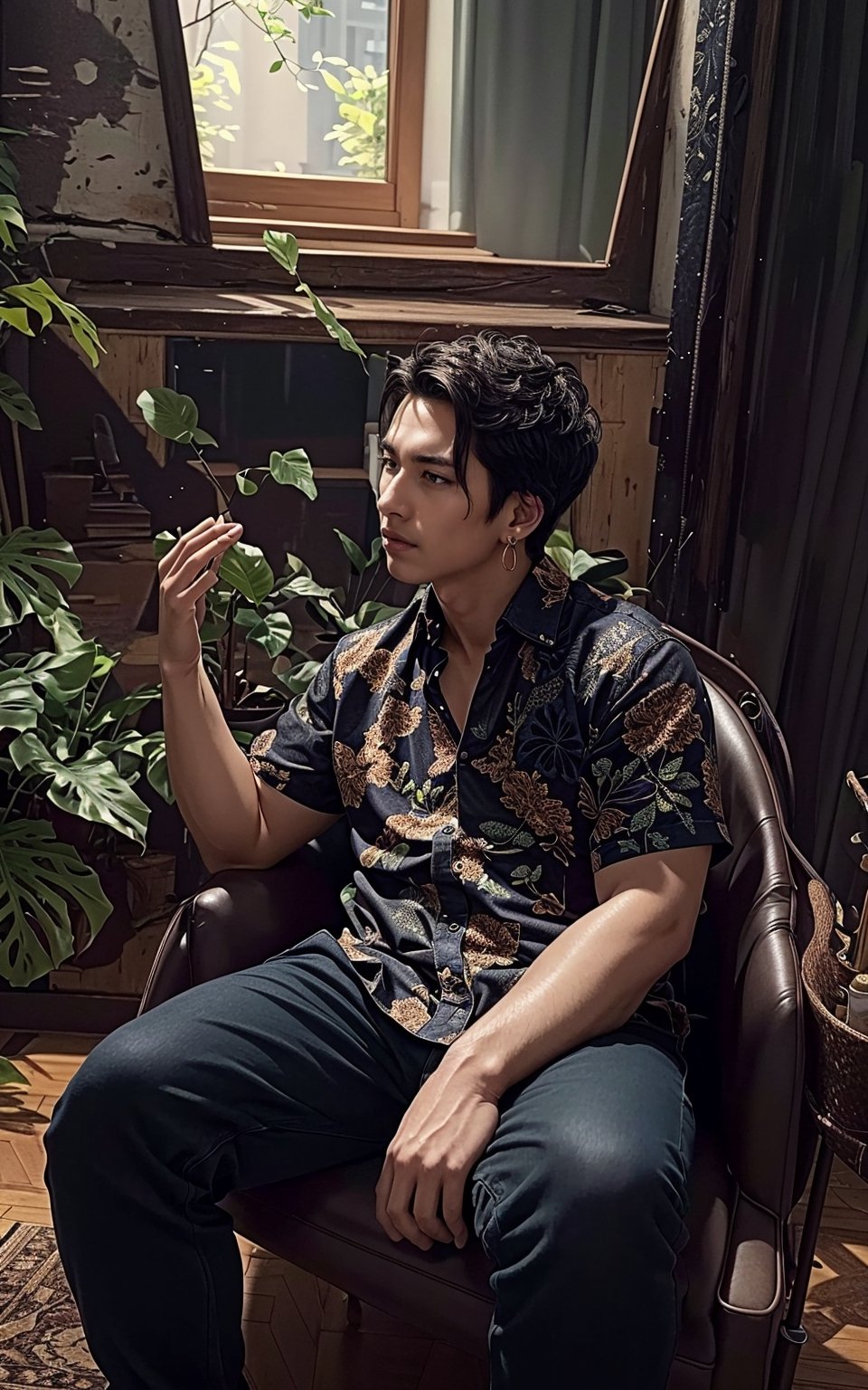 4k, (masterpiece, best quality, highres:1.3), ultra resolution, intricate_details, (hyper detailed, high resolution, best shadows),

1boy, sitting on a leather chair, in a room with large windows, looking_left, wearing a flowral pattern shirt and a pant, earrings, silky_hair, plants, foliage, soft_lighting, curtains, ,yeonyuromi,More Detail,perfect