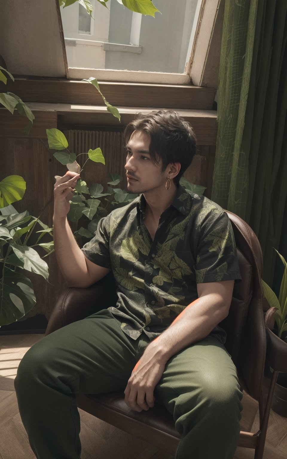 4k, (masterpiece, best quality, highres:1.3), ultra resolution, intricate_details, (hyper detailed, high resolution, best shadows),

1boy, sitting on a leather chair, in a room with large windows, looking_left, holding a long hanging branch of a plant(devil's ivy) with straight fingers, wearing a flowral pattern shirt and a pant, earrings, silky_hair, plants, foliage, monstera deliciosa plant, soft_lighting, curtains, ,(best quality
