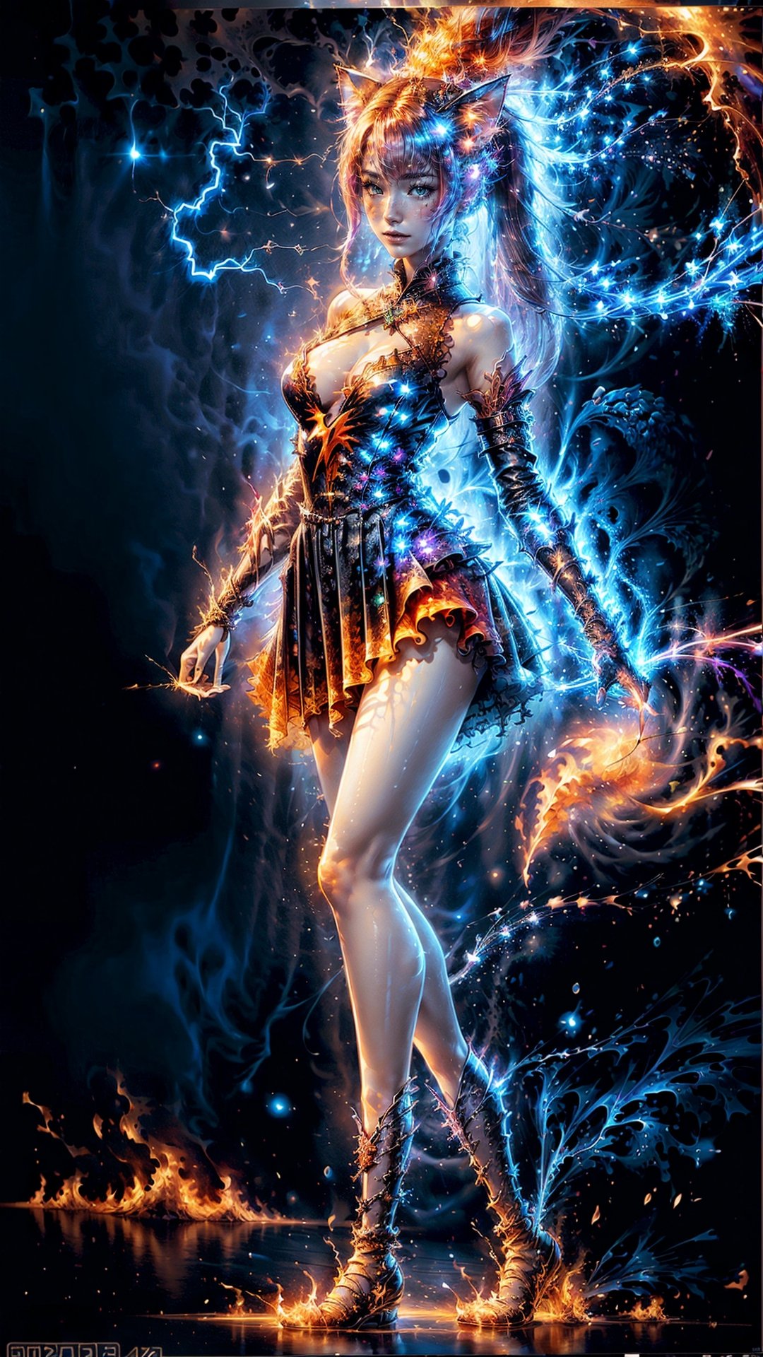 (masterpiece, top quality, best quality, official art, beautiful and aesthetic:1.2), (1girl), extreme detailed, (abstract, fractal art:1.3),cat ears, two long ponytails, isometric, highest detailed, (fire lime color),( water, ice), (((lightning))), ghost, fullbody,human on fire