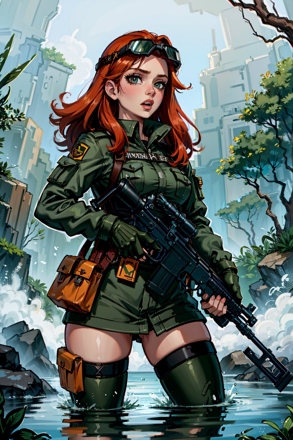 (masterpiece), best quality, expressive eyes, perfect face, 1girl in tactical jungle uniform, redhead, rising out of water, helmet, nightvision goggles, aiming a assault rifle, weapon