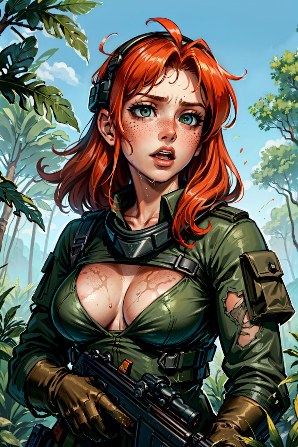 (masterpiece), best quality, expressive eyes, perfect face, 1girl in tactical jungle uniform, (wet skin), dirt in face and hair, (sweaty), (freckled skin), deep cleavage, flushed cheeks, redhead, rising out of water, helmet, nightvision goggles, aiming a assault rifle, weapon