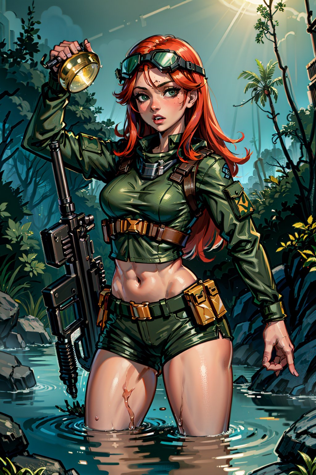 (masterpiece), best quality, expressive eyes, perfect face, 1girl in tactical jungle uniform, redhead, rising out of water,wet skin, bare midriff, (tactical helmet), night_vision goggles, aiming a assault rifle, weapon