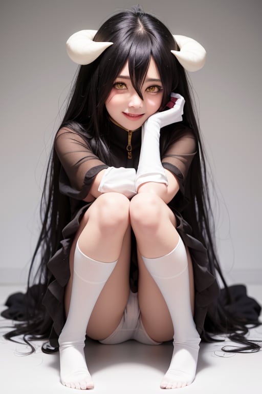 (masterpiece, best quality:1.2), upper full body, solo, 1girl, albedodef, naughty face, smile, looking at viewer, head rest, ahegao_face, ecchi, slit pupils, dress, (white gloves:1.1), black wings,