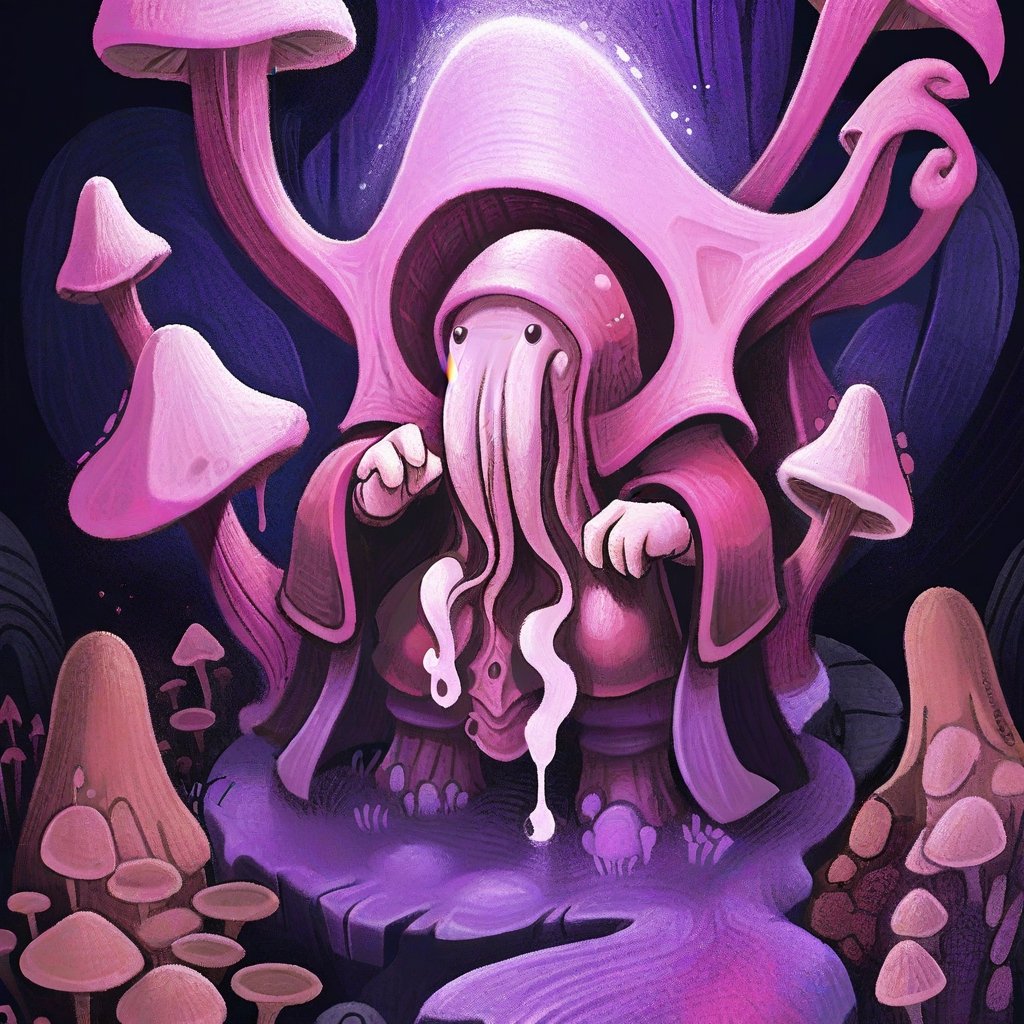 Mind Flayer white-pink and vivid purple, covered in mushrooms with glowing spores, dripping with fungus slime, masterpiece, best quality