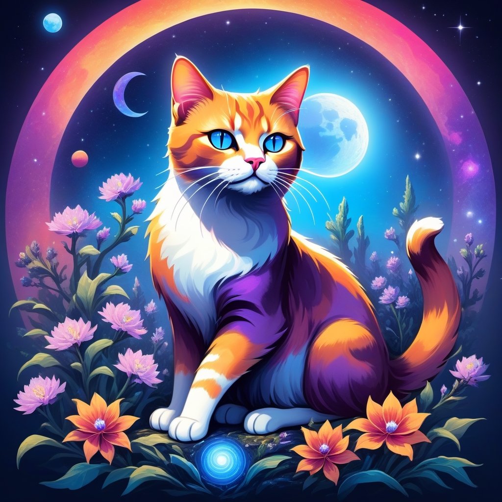 Chandra Cat God of the moon that meows and causes plants and vegetation to bloom into life, masterpiece, best quality, in retro futurism art style
