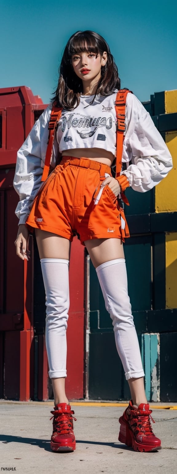 A fashionable young girl taking photos in the sunny weather, wearing colorfull urban techwear with a background of Memphis-style photography elements, featuring bright colors and artistic vibes. High-definition photo of a trendy girl in vibrant Memphis-style setting under the sun, full of lively colors and youthful energy, Nice legs and hot body,lisa