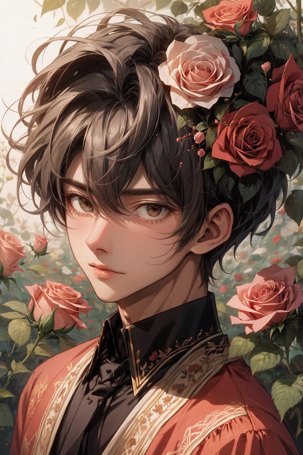1boy, on the rose flowers, creative, wonderful, beautiful, amazing