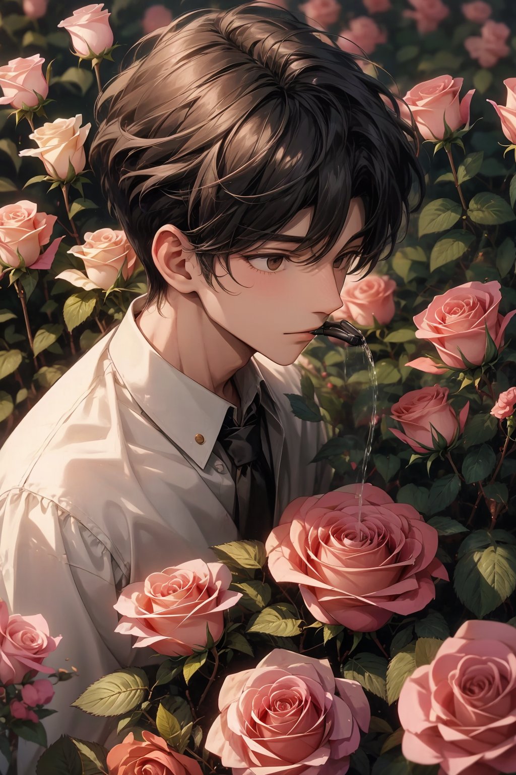 1boy,planting, watering,  in the rose flowers, creative, wonderful, beautiful, amazing